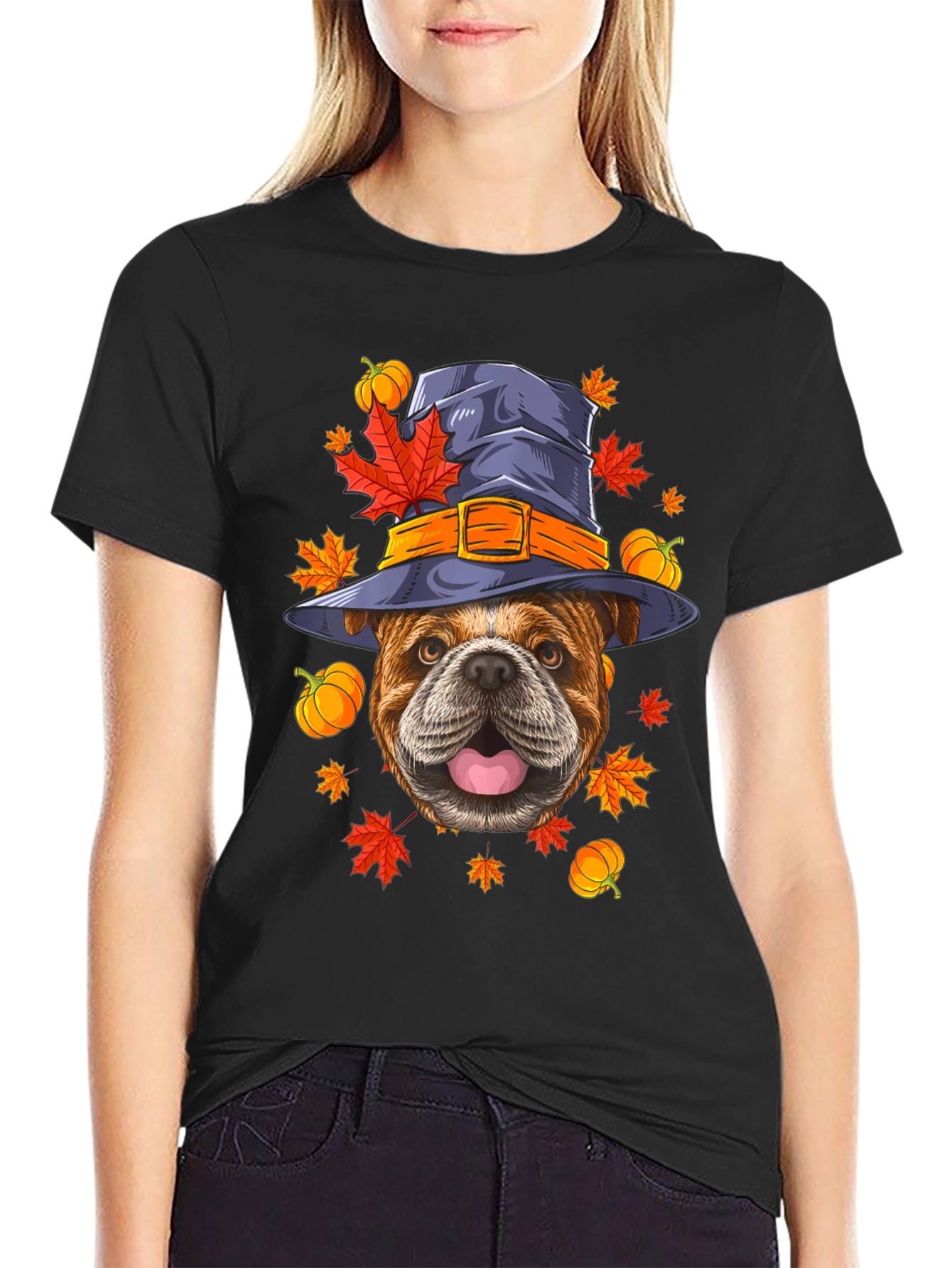 Black Bulldog Witch Hat Fall T-Shirt view 2