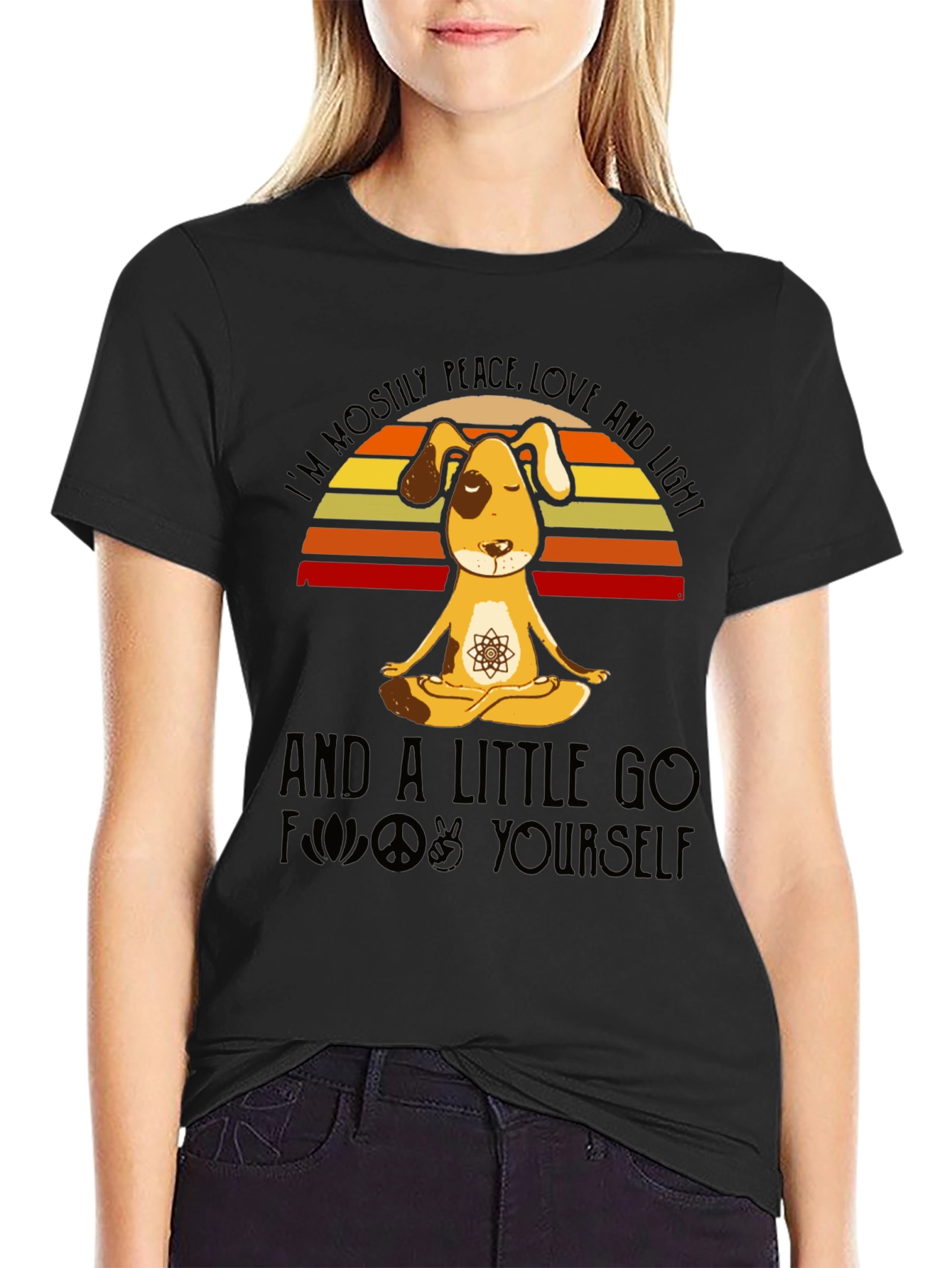 Black Peace Love and Light Dog Yoga T-Shirt view 2