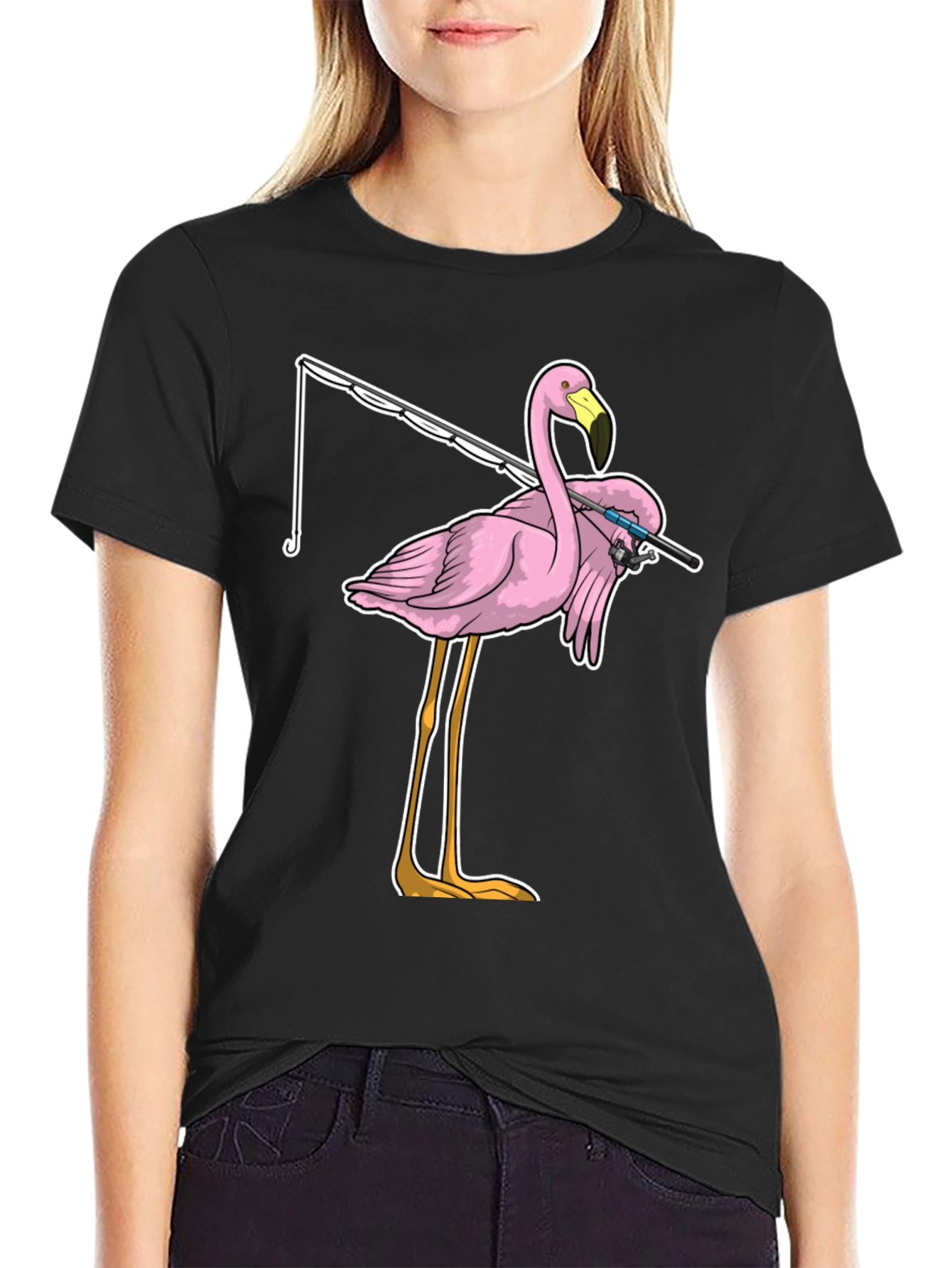 Black Fishing Flamingo T-Shirt - Funny Bird Tee view 2