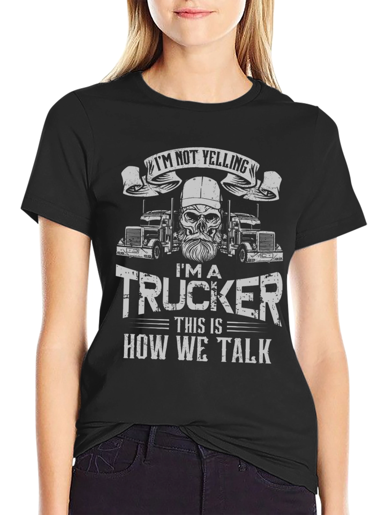 Black I'm Not Yelling Trucker T-Shirt view 2