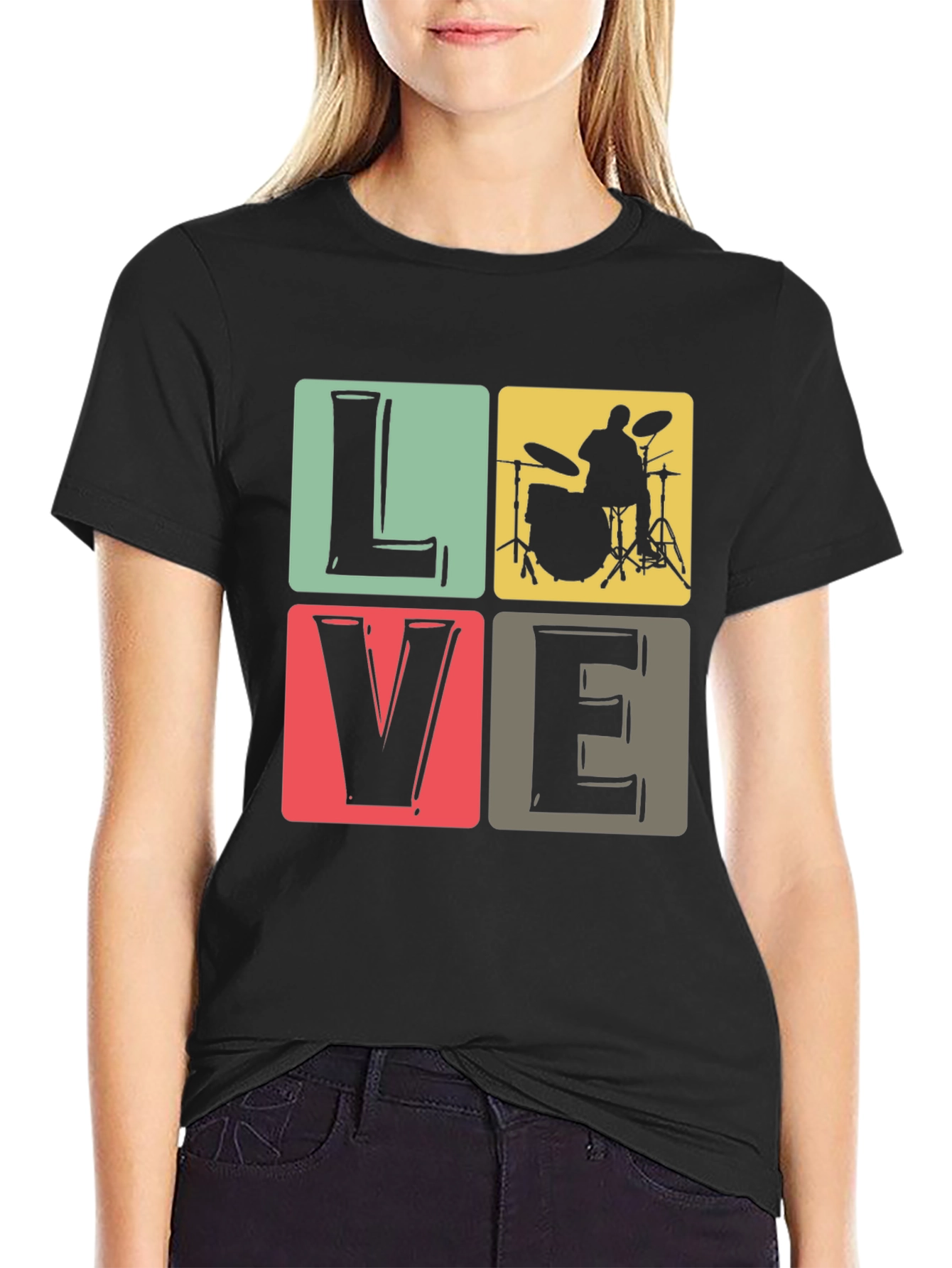Black Love Music Drummer T-Shirt, Black Crew Neck view 2
