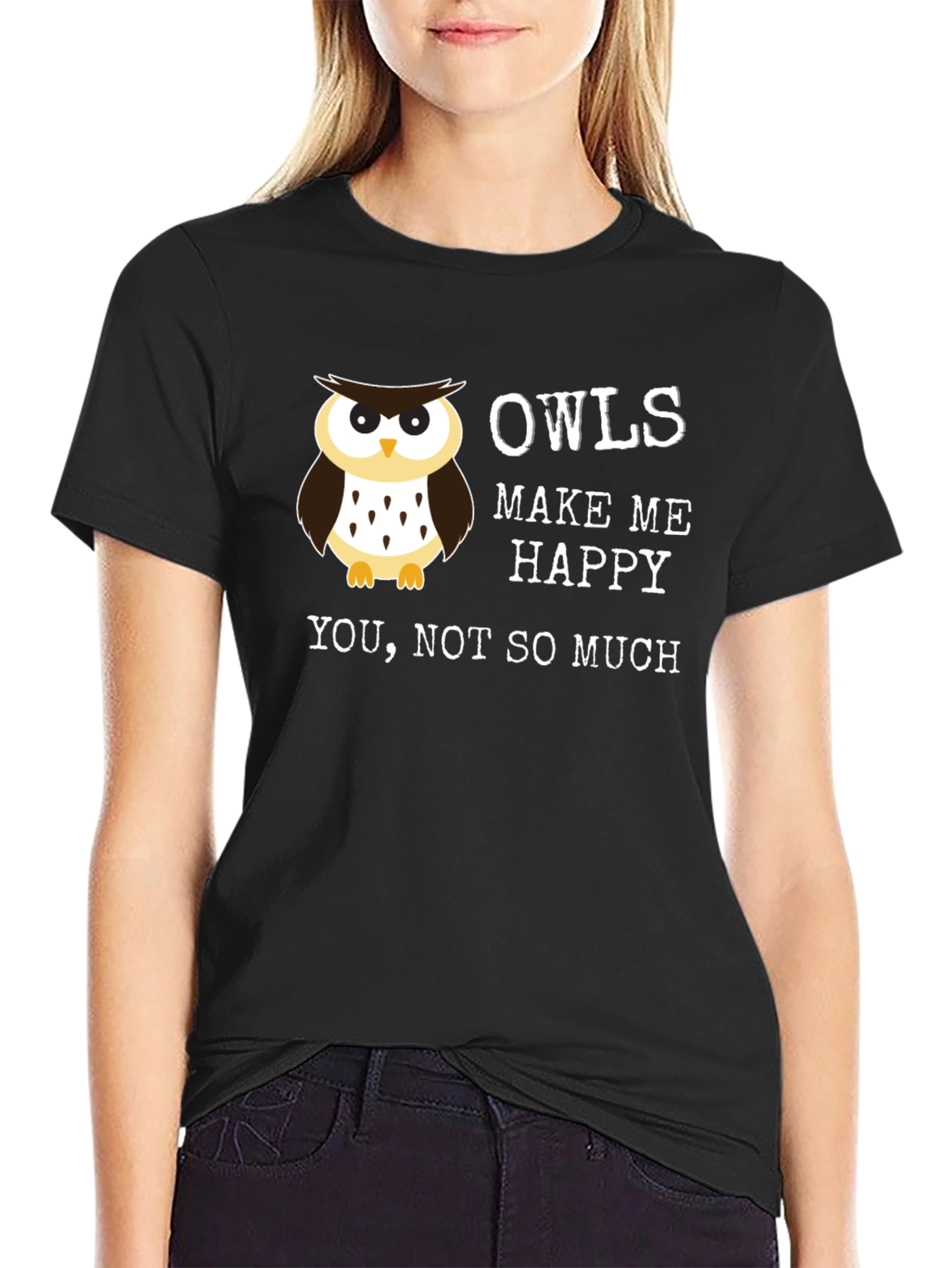 Black Funny Owl T-Shirt - Owls Make Me Happy view 2