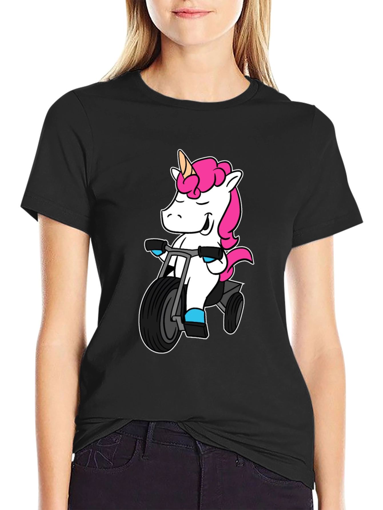 Black Unicorn on Tricycle T-Shirt - Black view 2