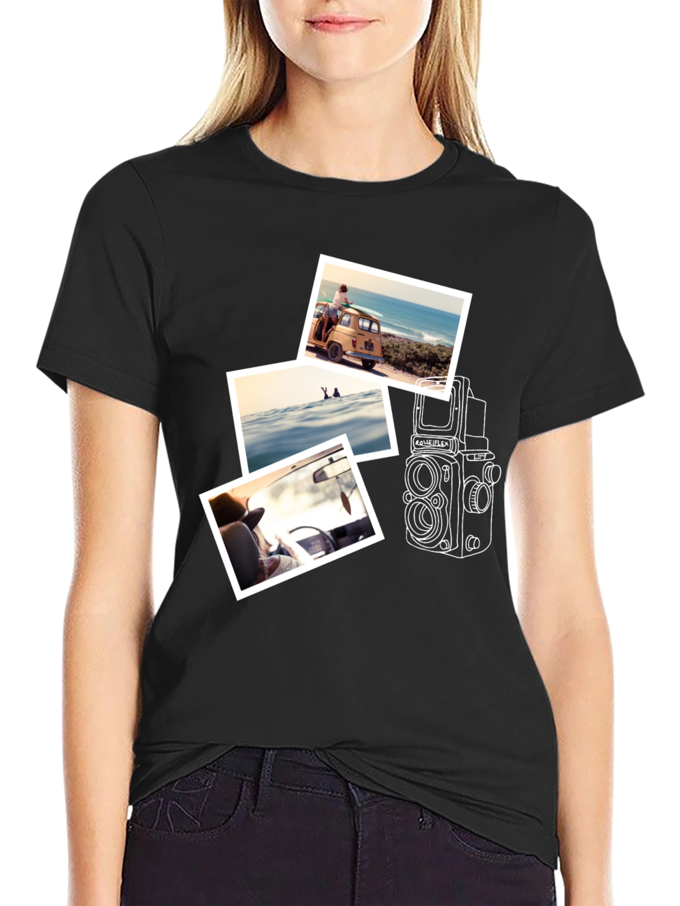 Black Retro Camera & Travel Photo T-Shirt view 2