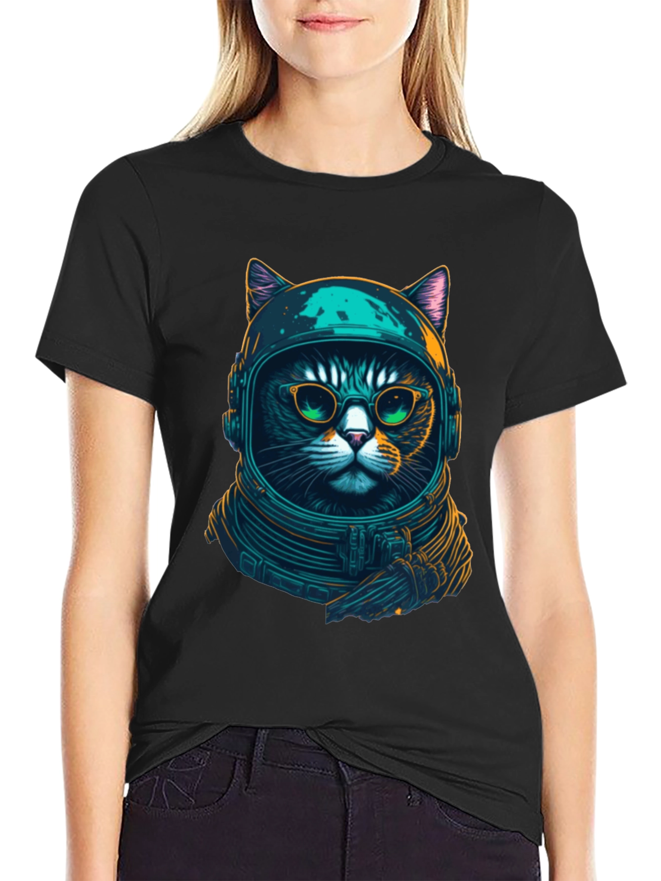 Black Cosmic Cat T-Shirt - Astronaut Kitty Design view 2