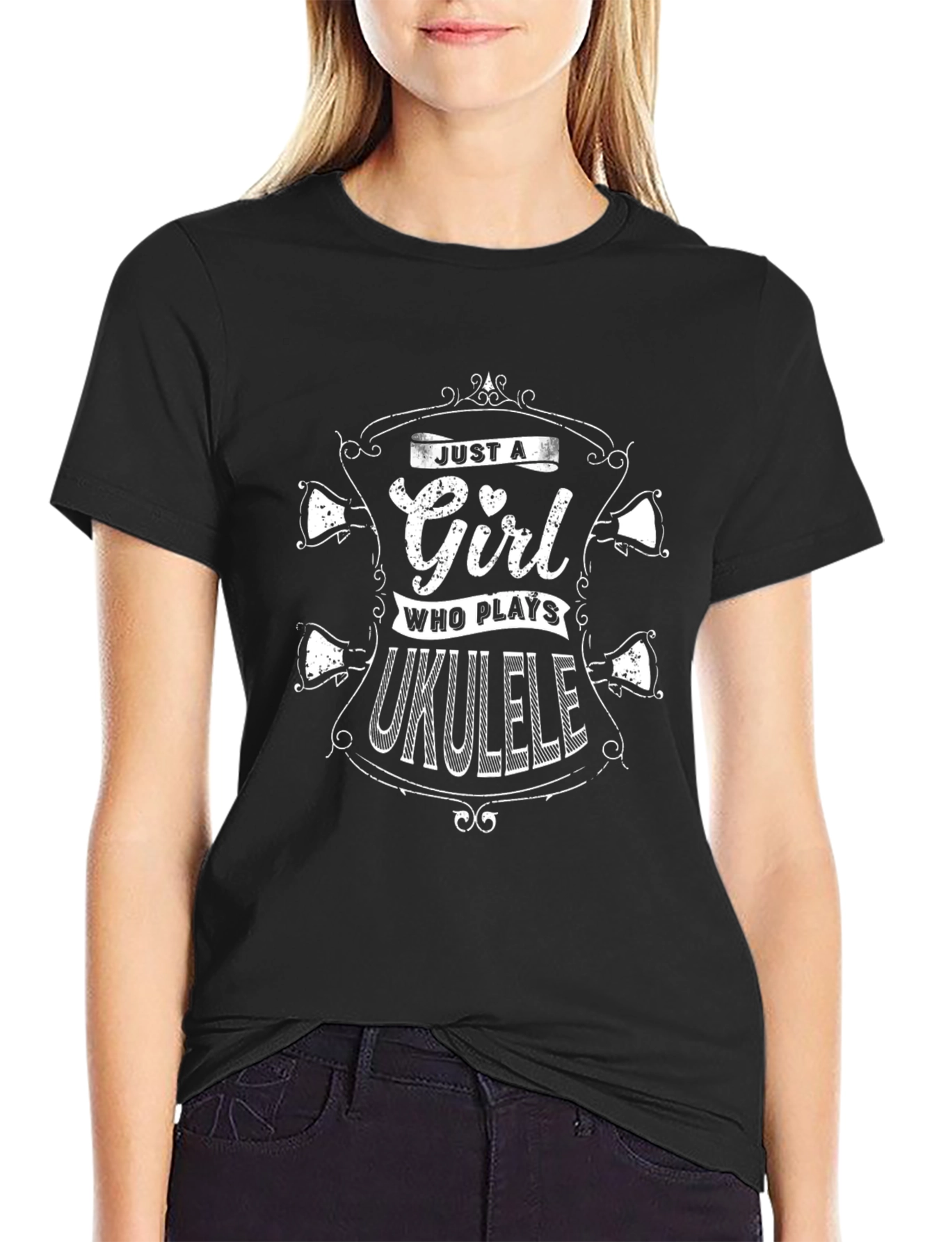 Black Just A Girl Who Plays Ukulele Black T-Shirt view 2