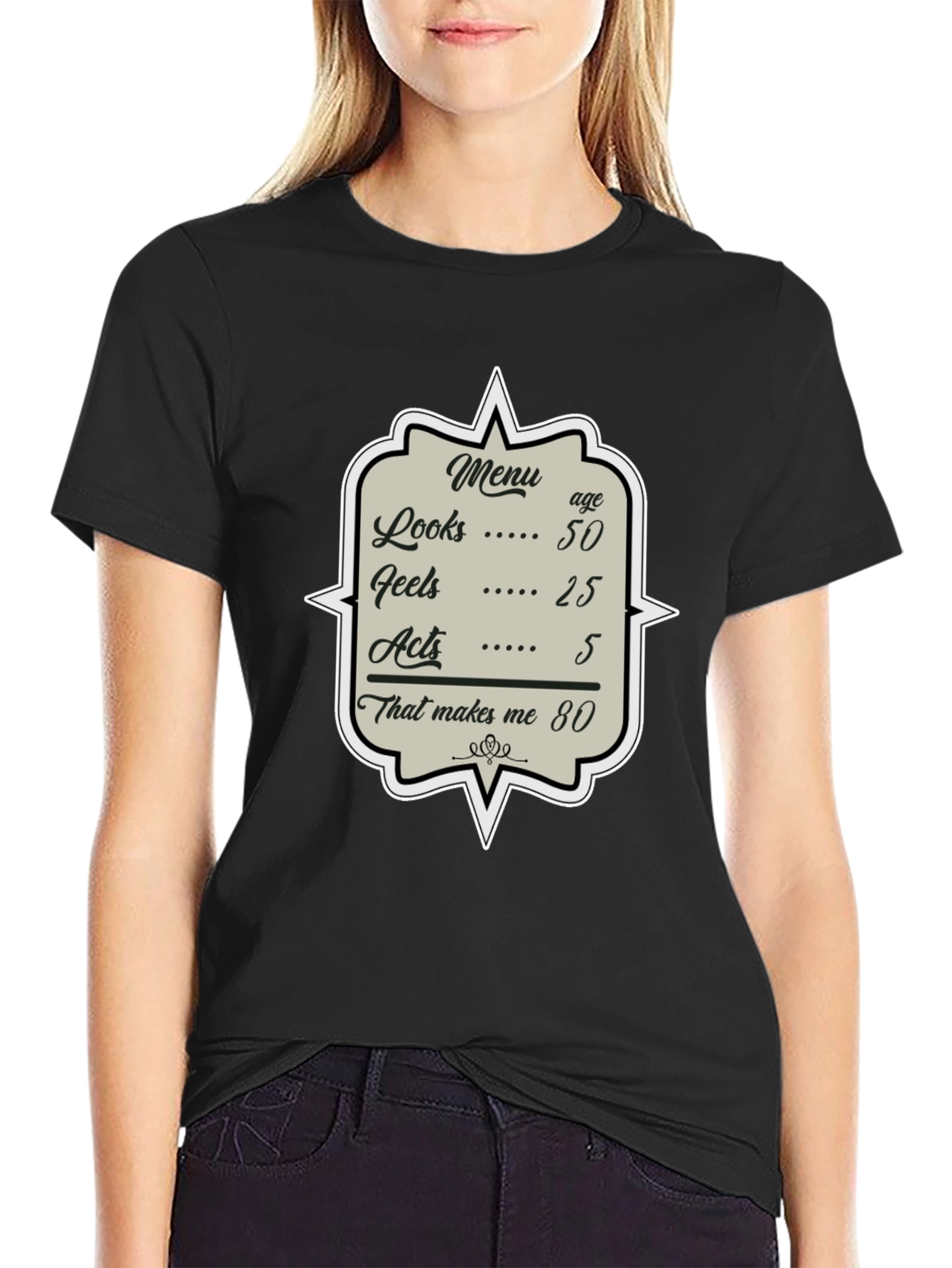Black Humorous 80th Birthday Menu T-Shirt view 2