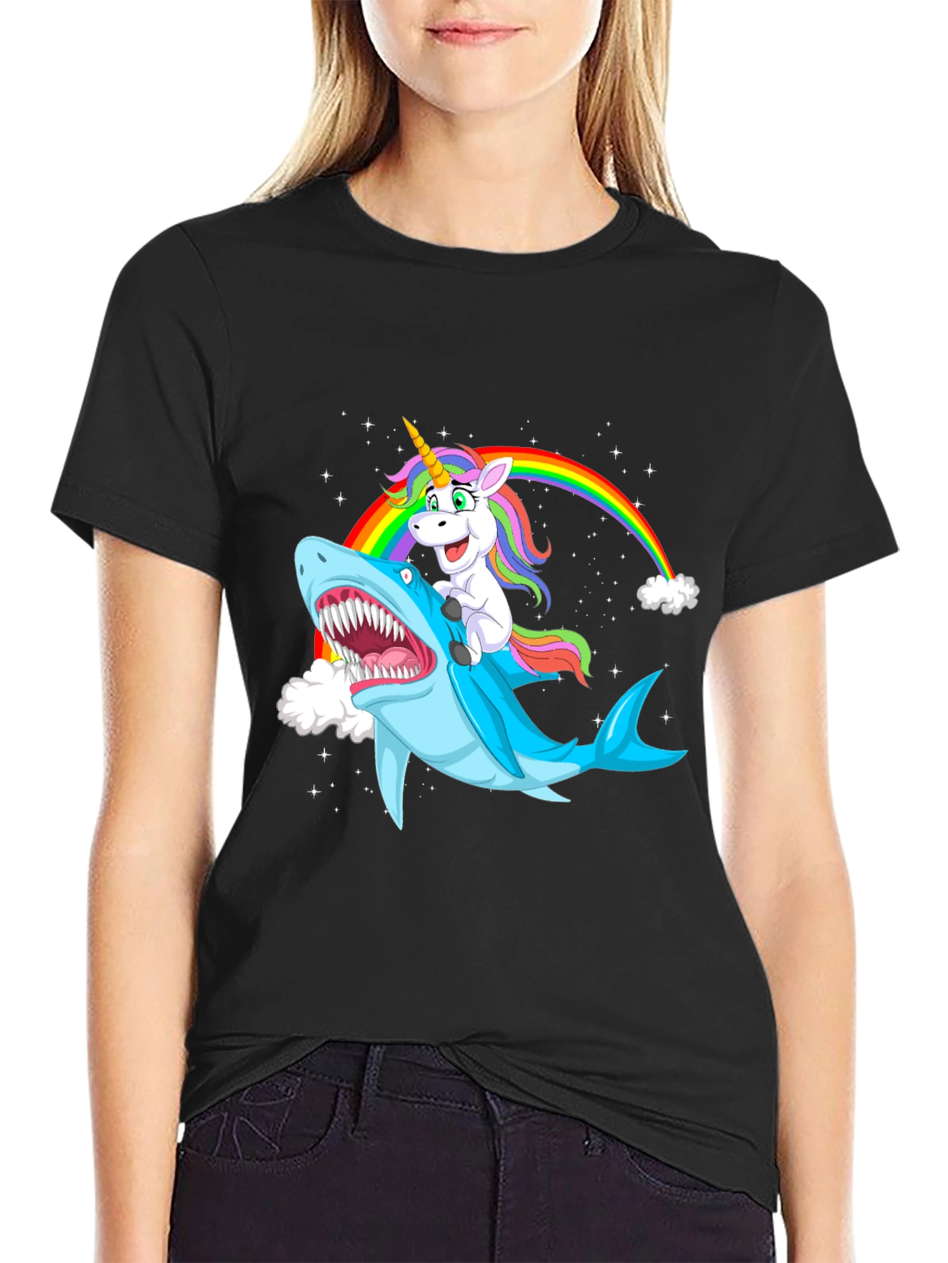Black Unicorn Riding Shark Black Graphic Tee view 2