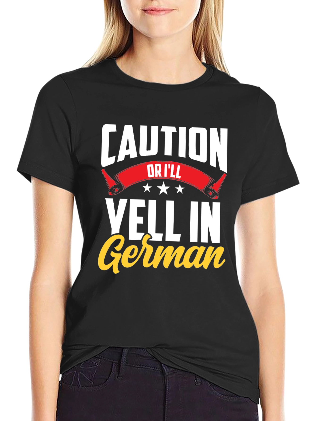 Black Caution, I'll Yell in German T-Shirt - Funny view 2