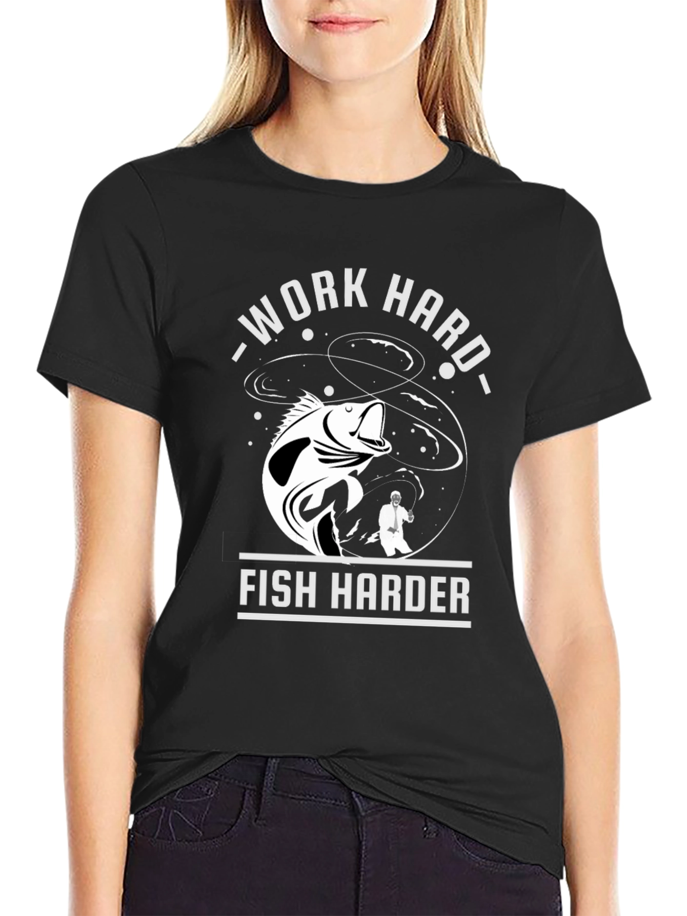Black Work Hard Fish Harder Graphic T-Shirt view 2