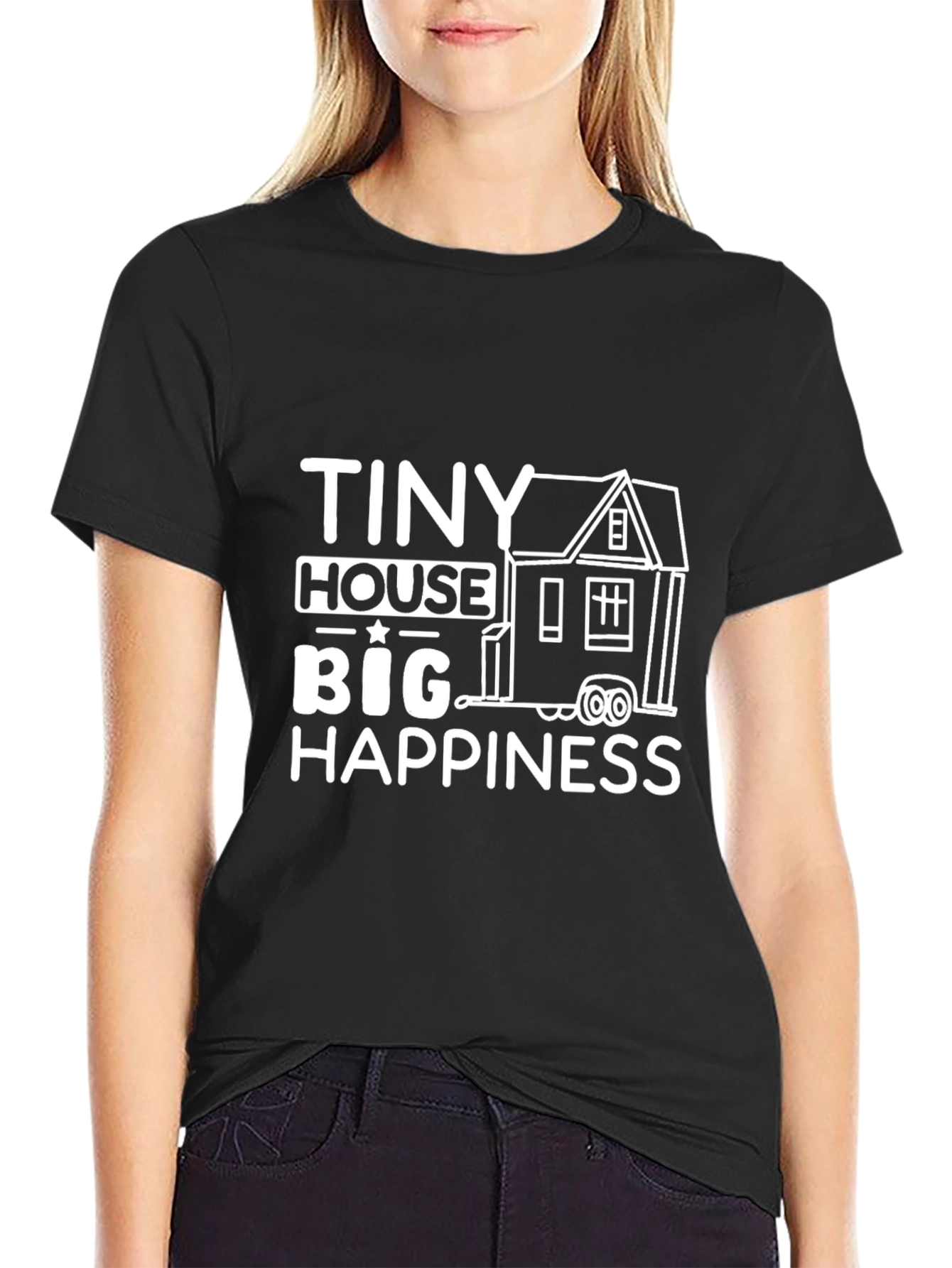 Black Tiny House Big Happiness Graphic Tee view 2