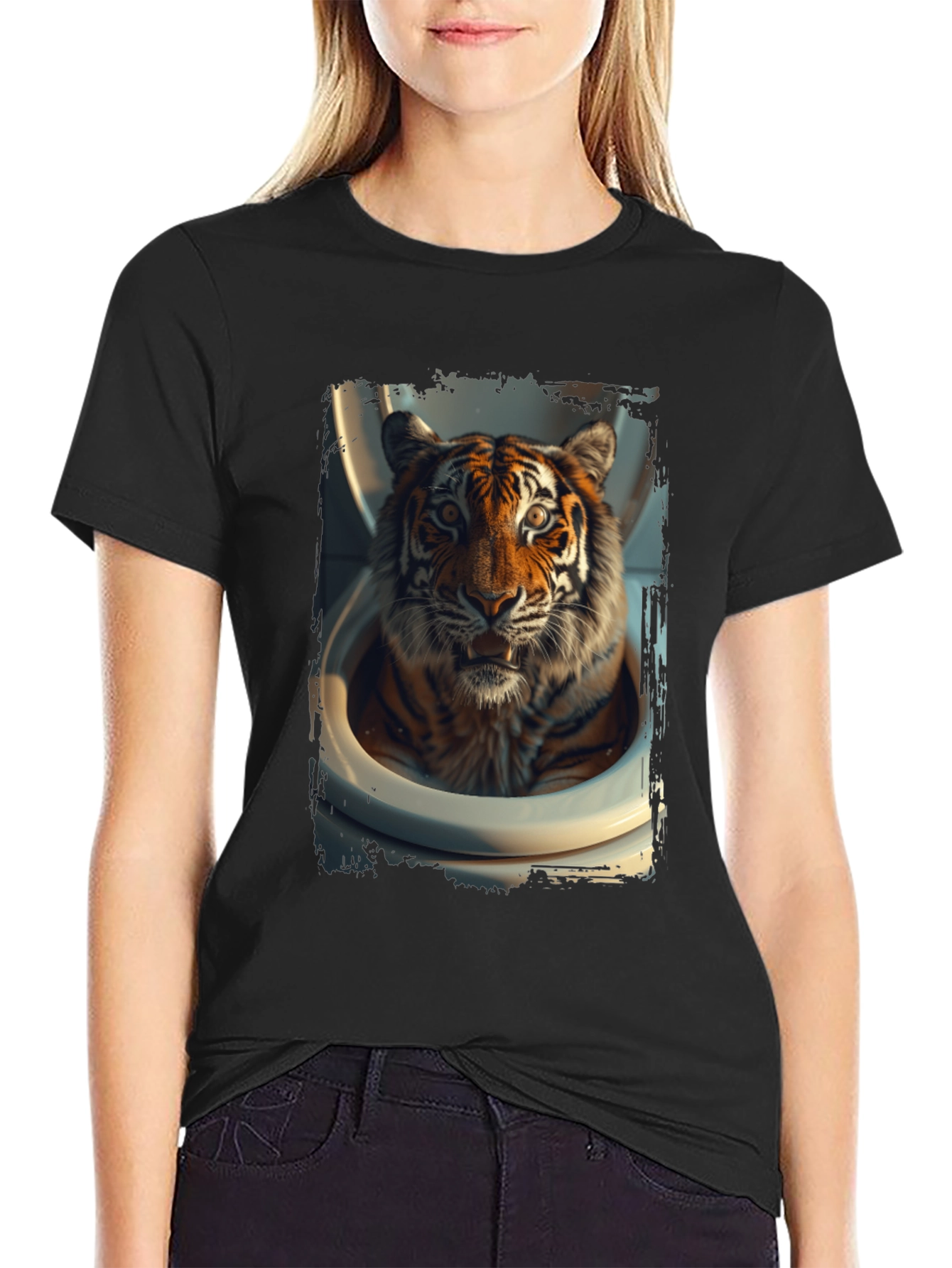 Black Tiger in Toilet Graphic Tee - Black Cotton T-Shirt view 2