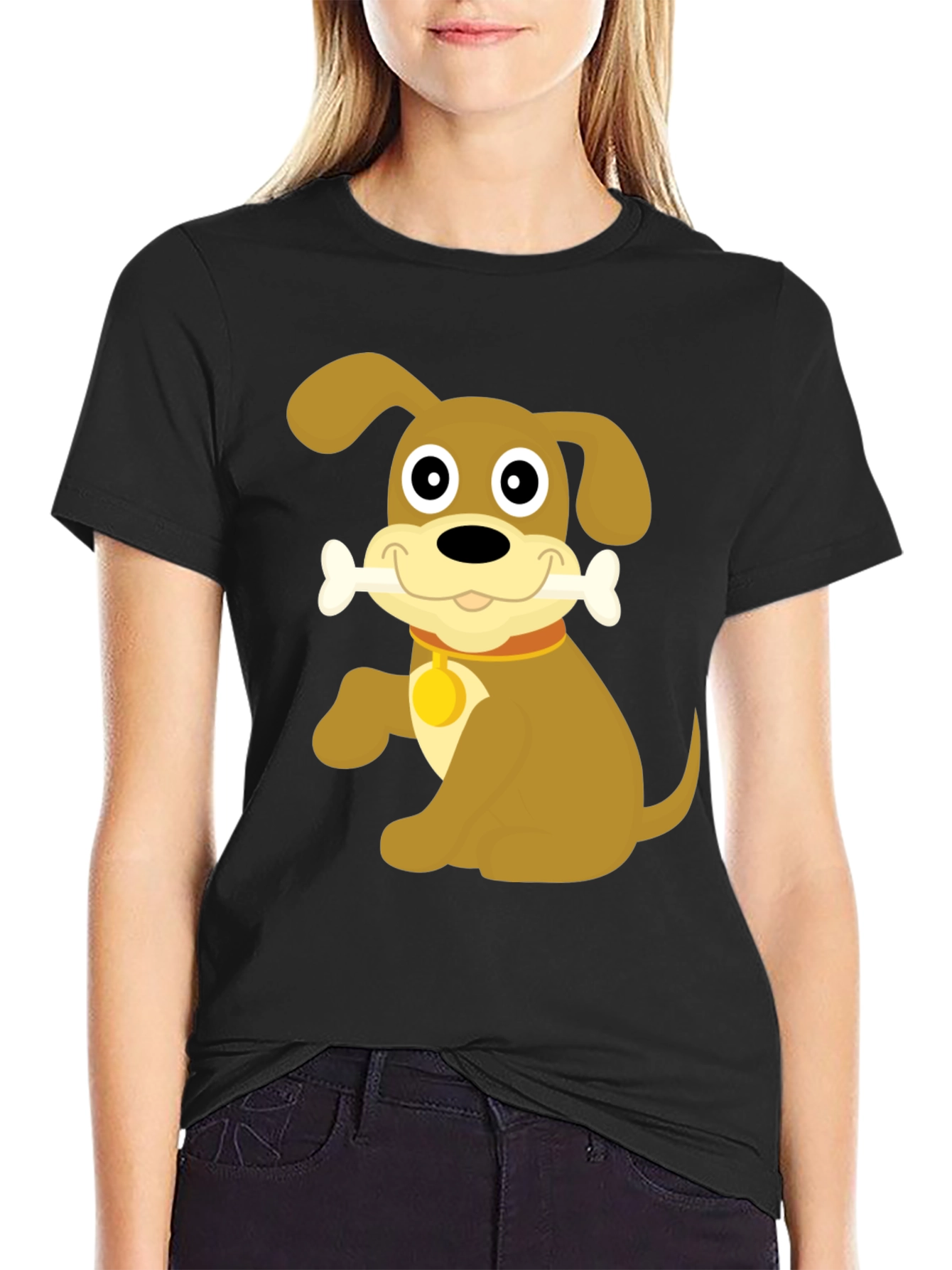 Black Cute Dog Bone Cartoon Black T-Shirt view 2