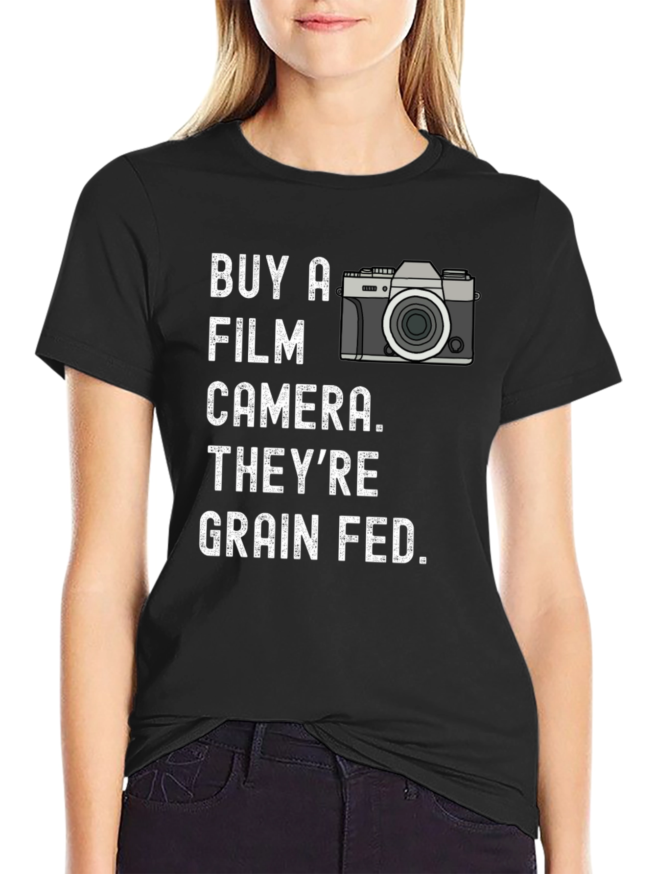 Black Buy a Film Camera T-Shirt - Grain Fed Humor Tee view 2