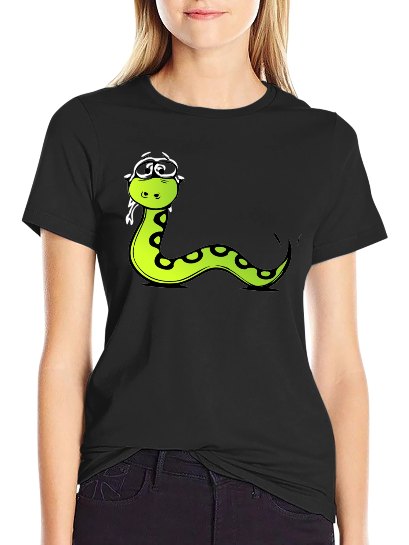 Black Funny Snake Cartoon Graphic Tee - Black T-Shirt view 2