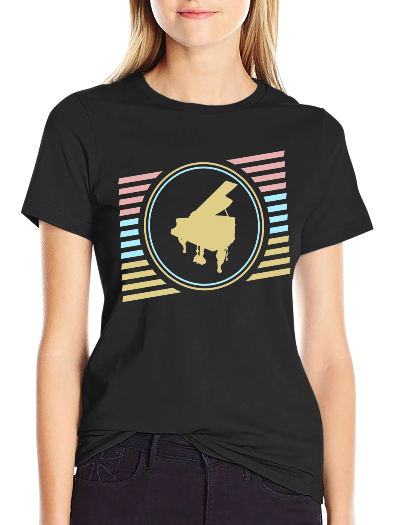 Black Retro Piano T-Shirt - Vintage Musical Style view 2