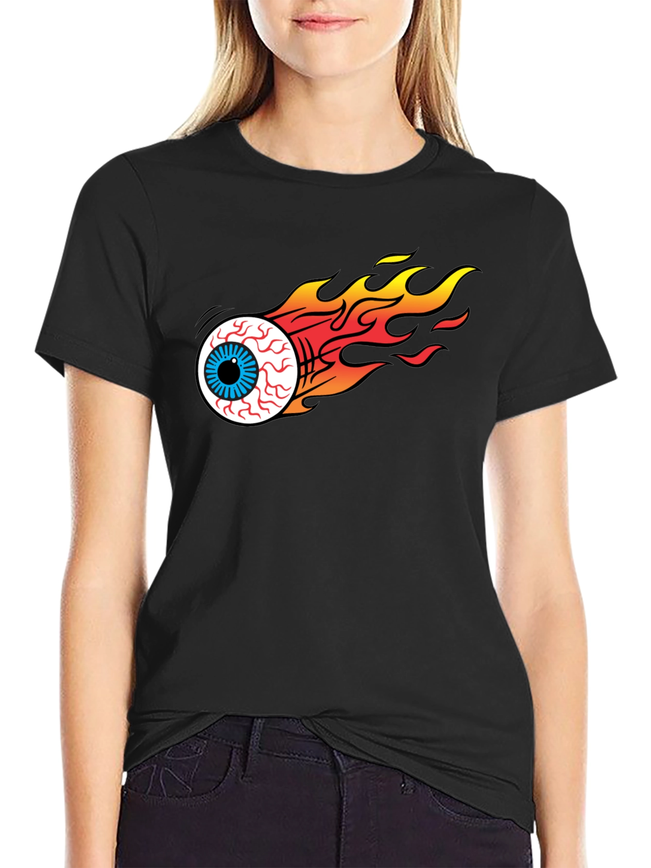 Black Flaming Eyeball Graphic Black T-Shirt view 2