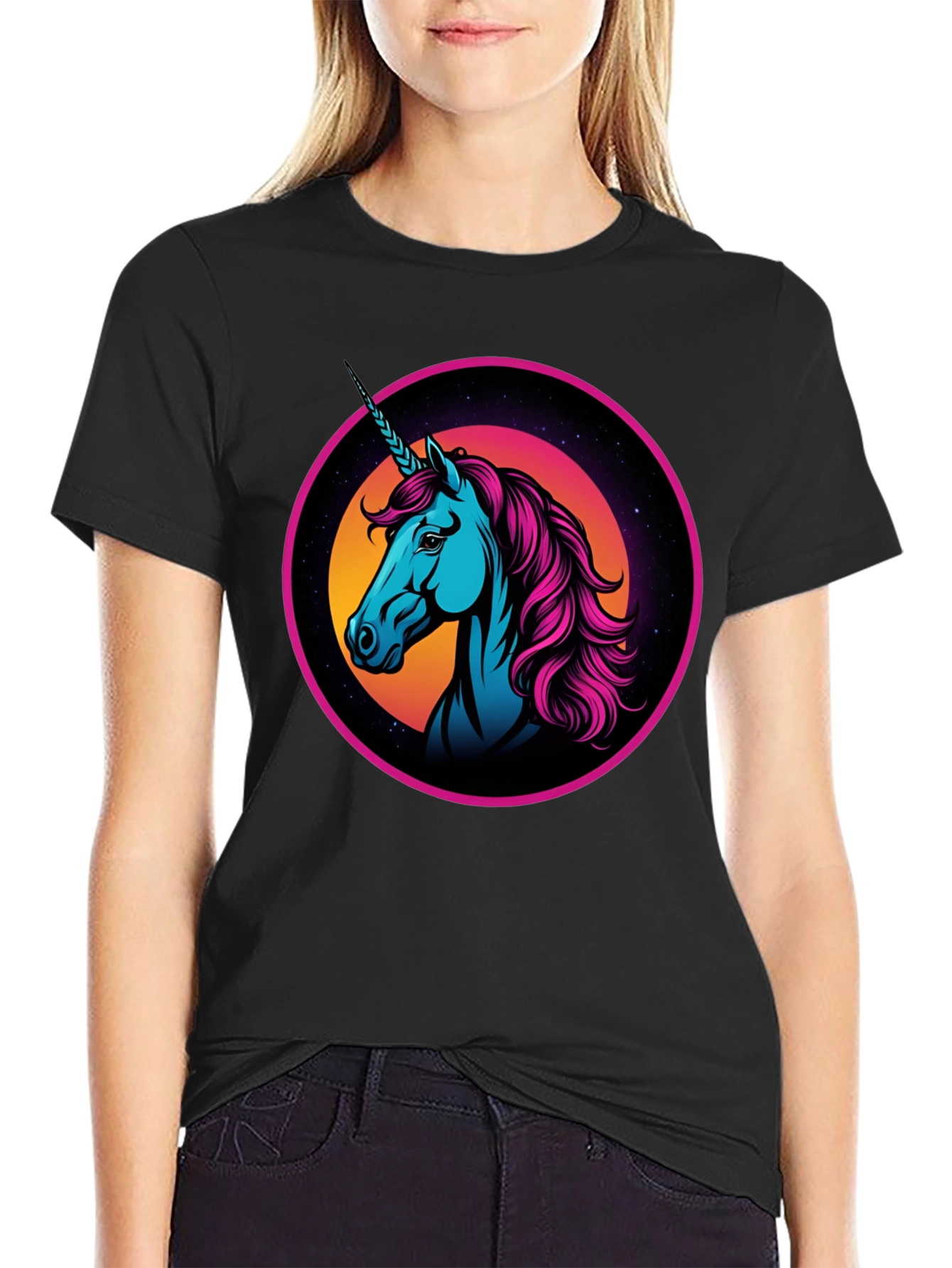 Black Retro Unicorn Graphic T-Shirt view 2