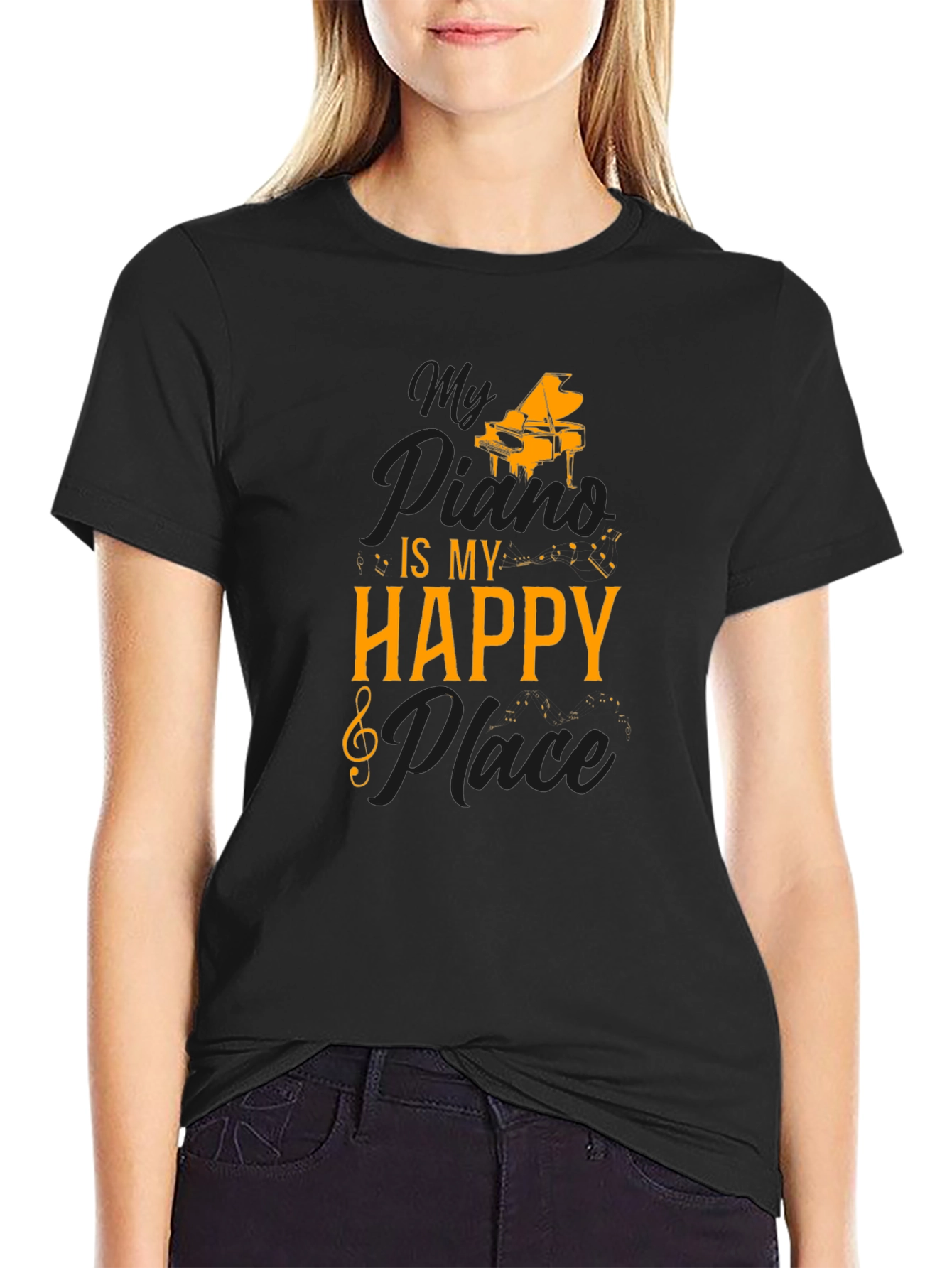 Black My Piano Is My Happy Place T-Shirt view 2