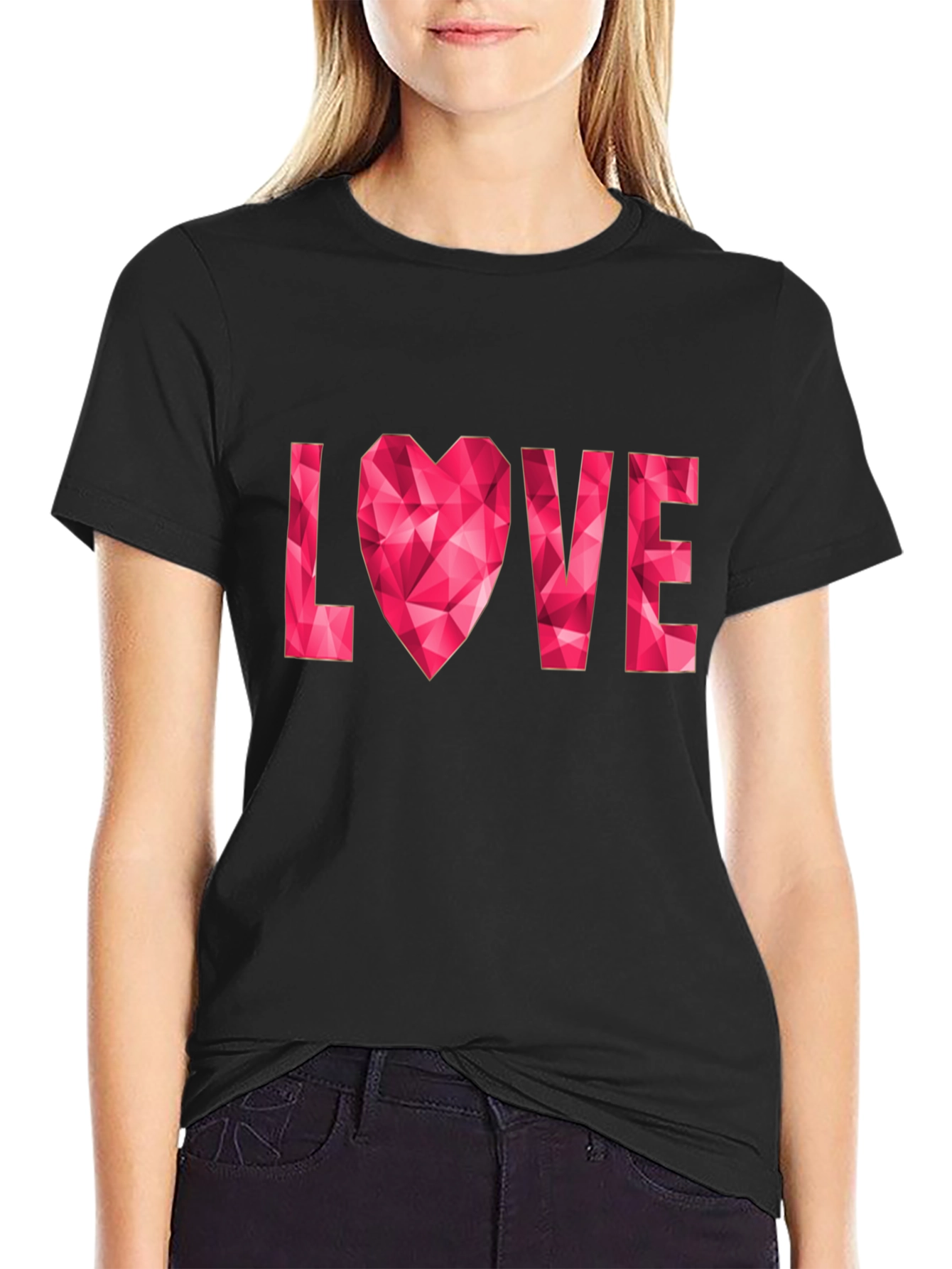 Black Geometric Heart Love Graphic Black T-Shirt view 2