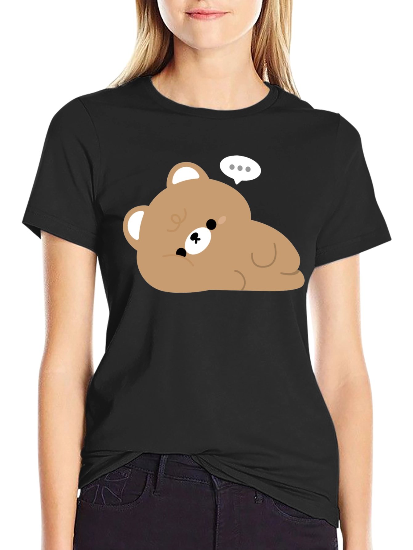 Black Cute Cartoon Bear Graphic Black T-Shirt view 2