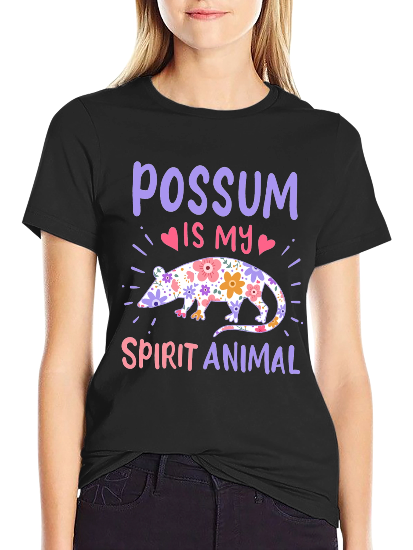 Black Possum Spirit Animal T-Shirt - Floral Possum Design view 2