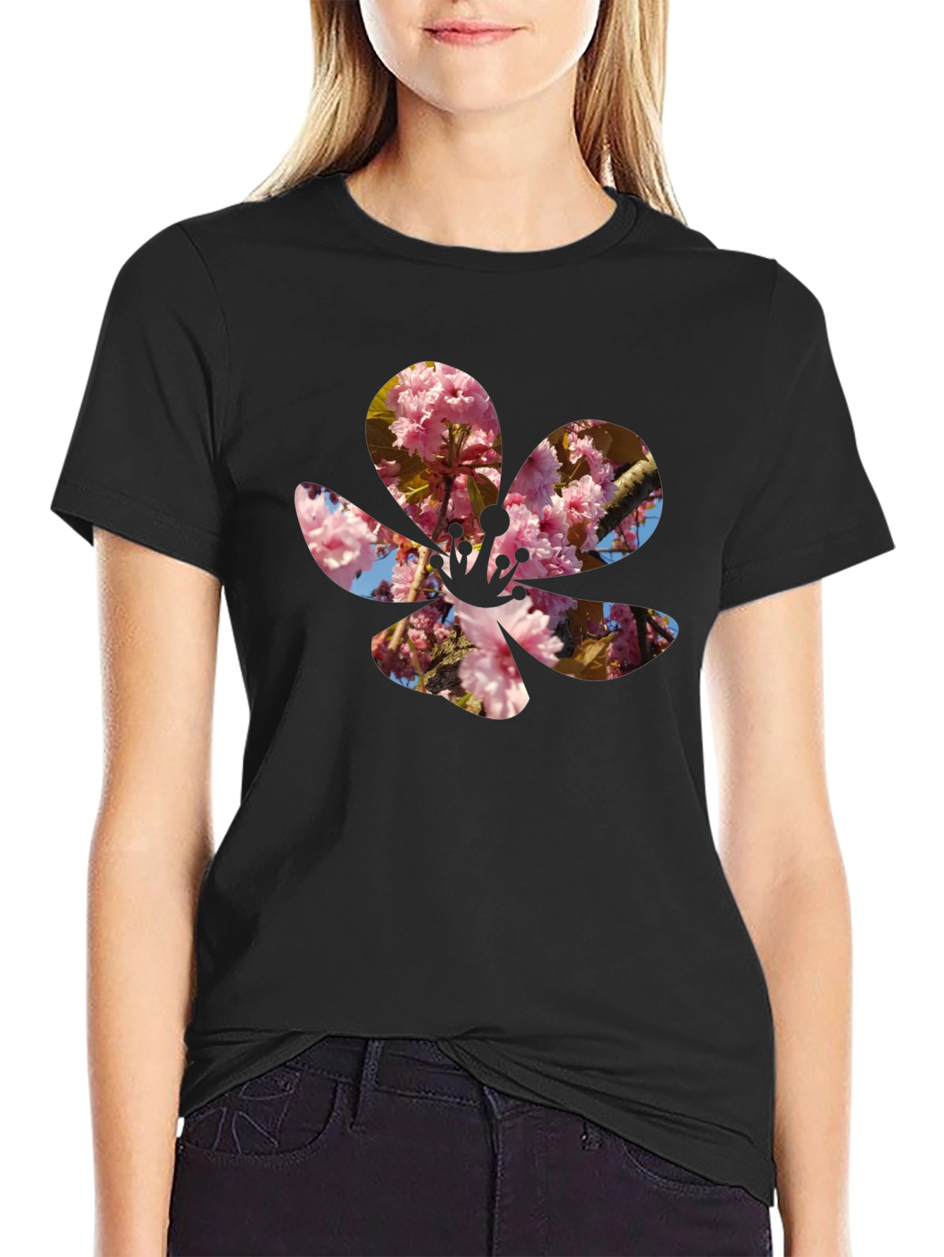 Black Blossom Print T-Shirt - Casual Black Tee view 2