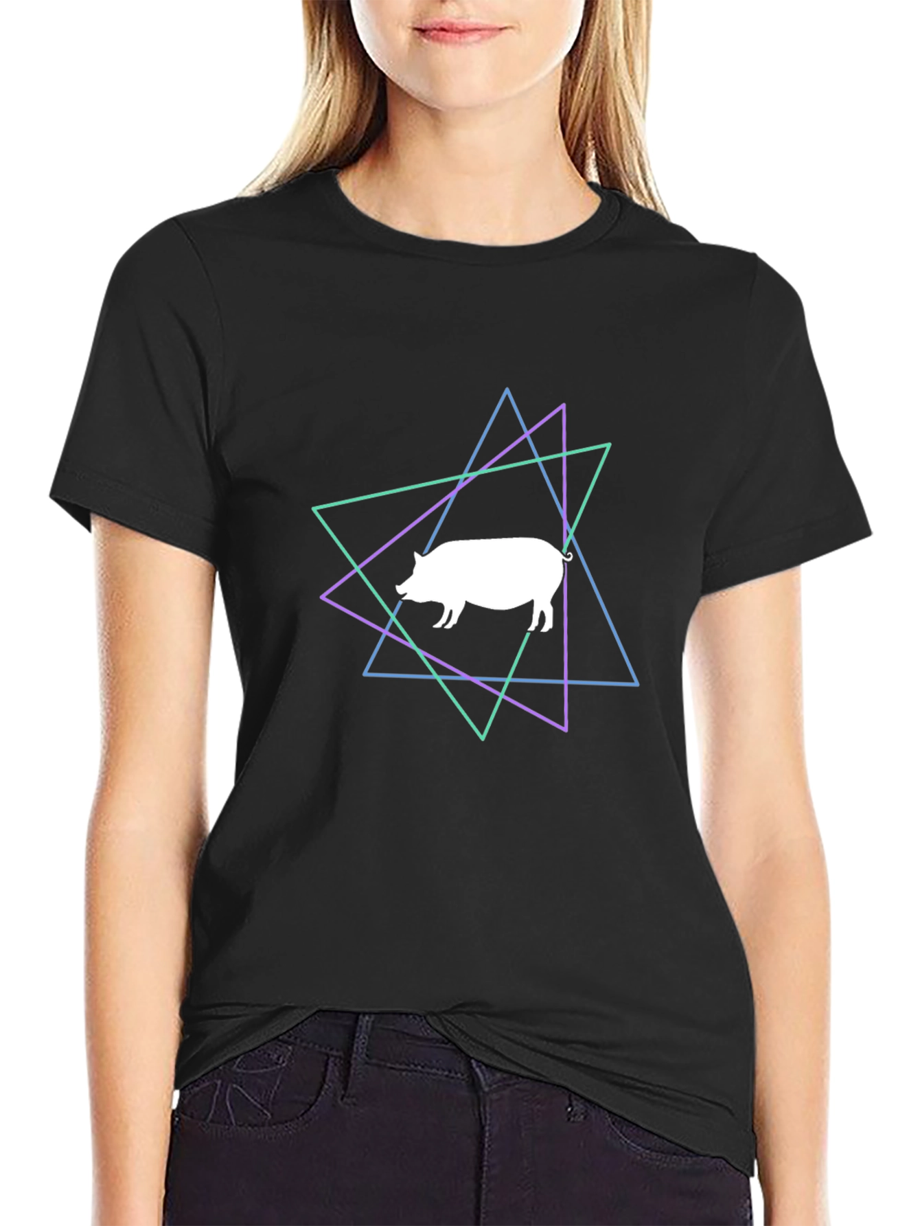 Black Neon Pig Graphic Tee - Black Cotton T-Shirt view 2