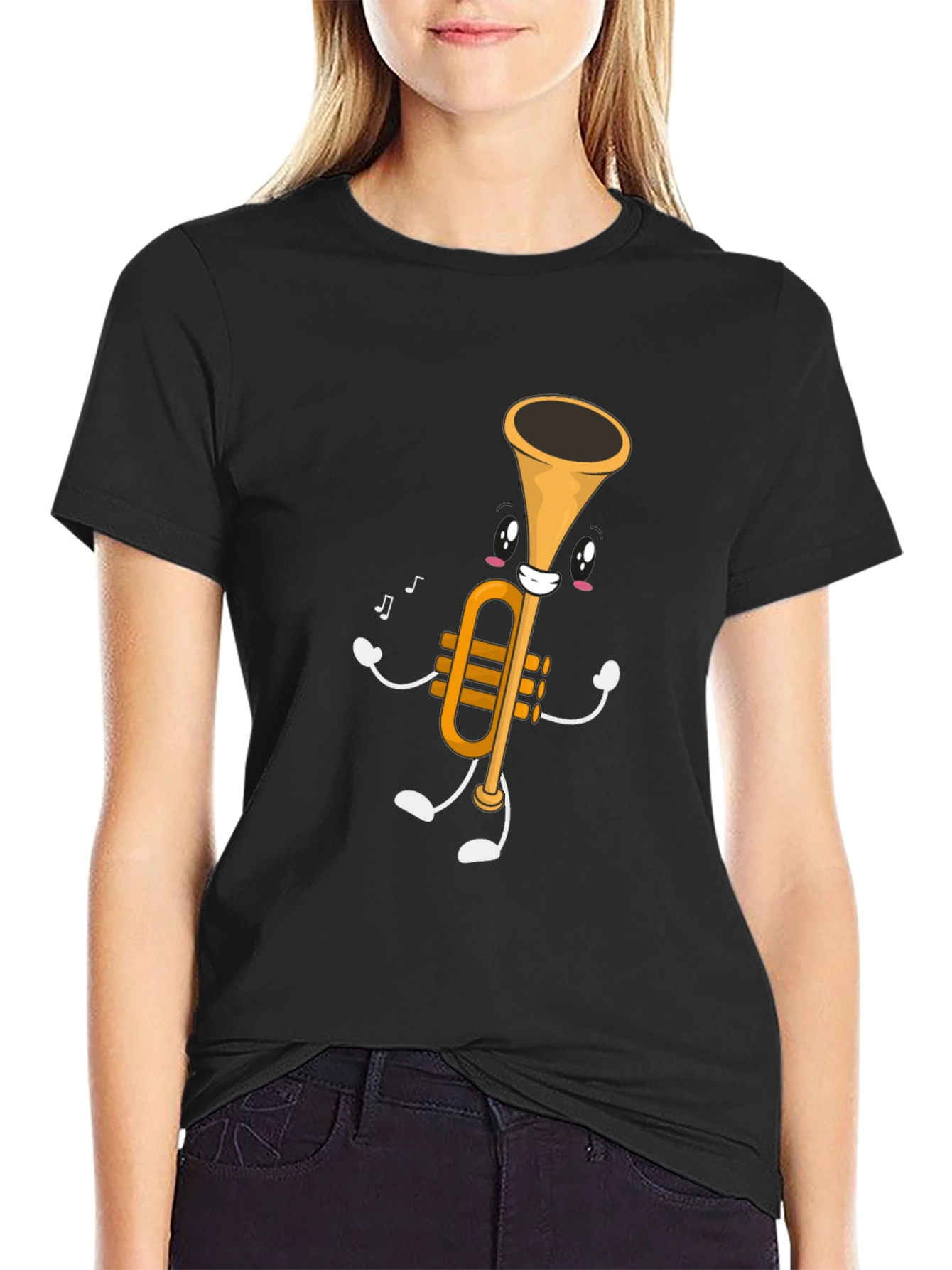 Black Musical Trumpet Graphic Tee - Black Cotton T-Shirt view 2