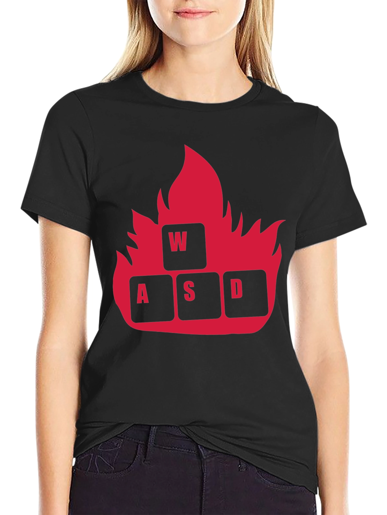 Black Gaming WASD Fire T-Shirt - Black Cotton Tee view 2