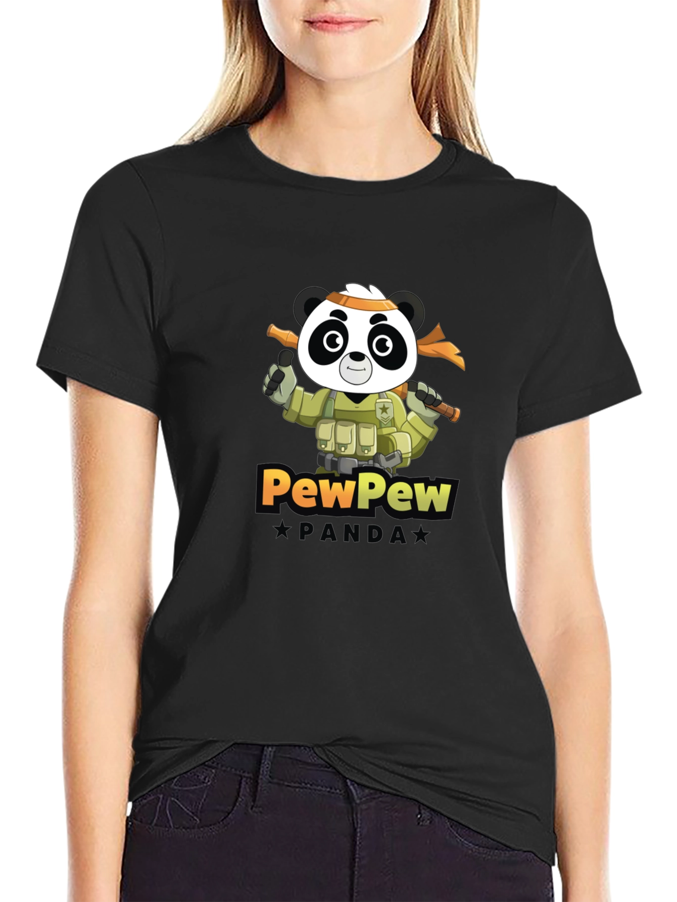 Black PewPew Panda Graphic Tee - Black Crew Neck T-Shirt view 2