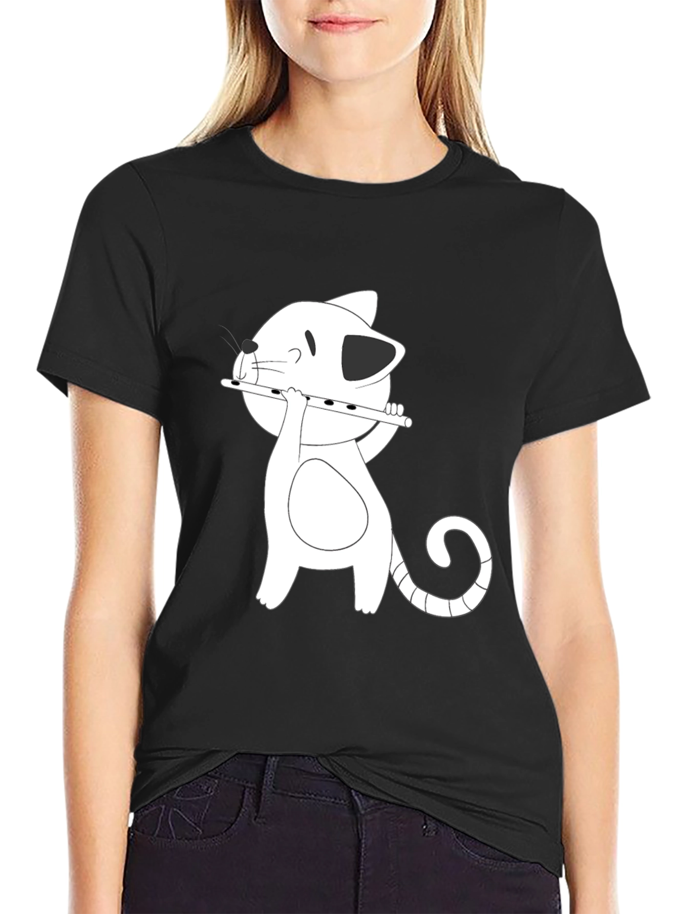 Black Cartoon Cat Flute Player Black T-Shirt view 2