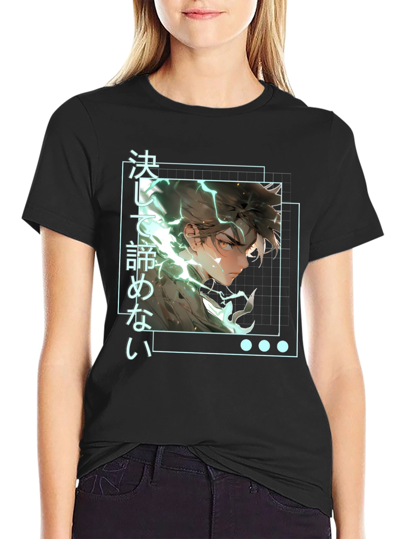 Black Anime Graphic Tee: Never Give Up Shirt view 2