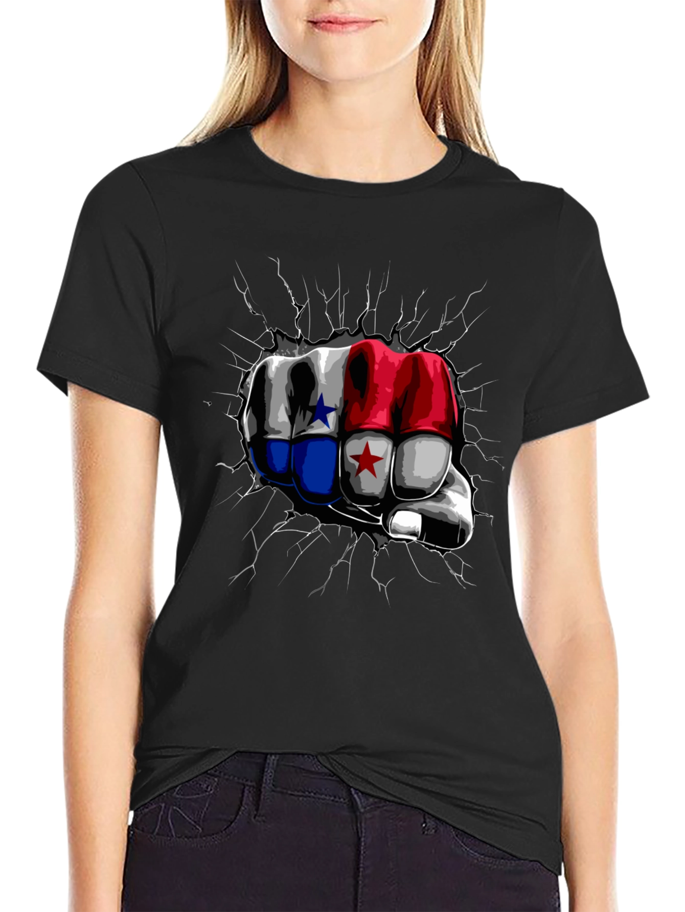 Black Panama Flag Fist Breaking Wall Men's Black T-Shirt view 2