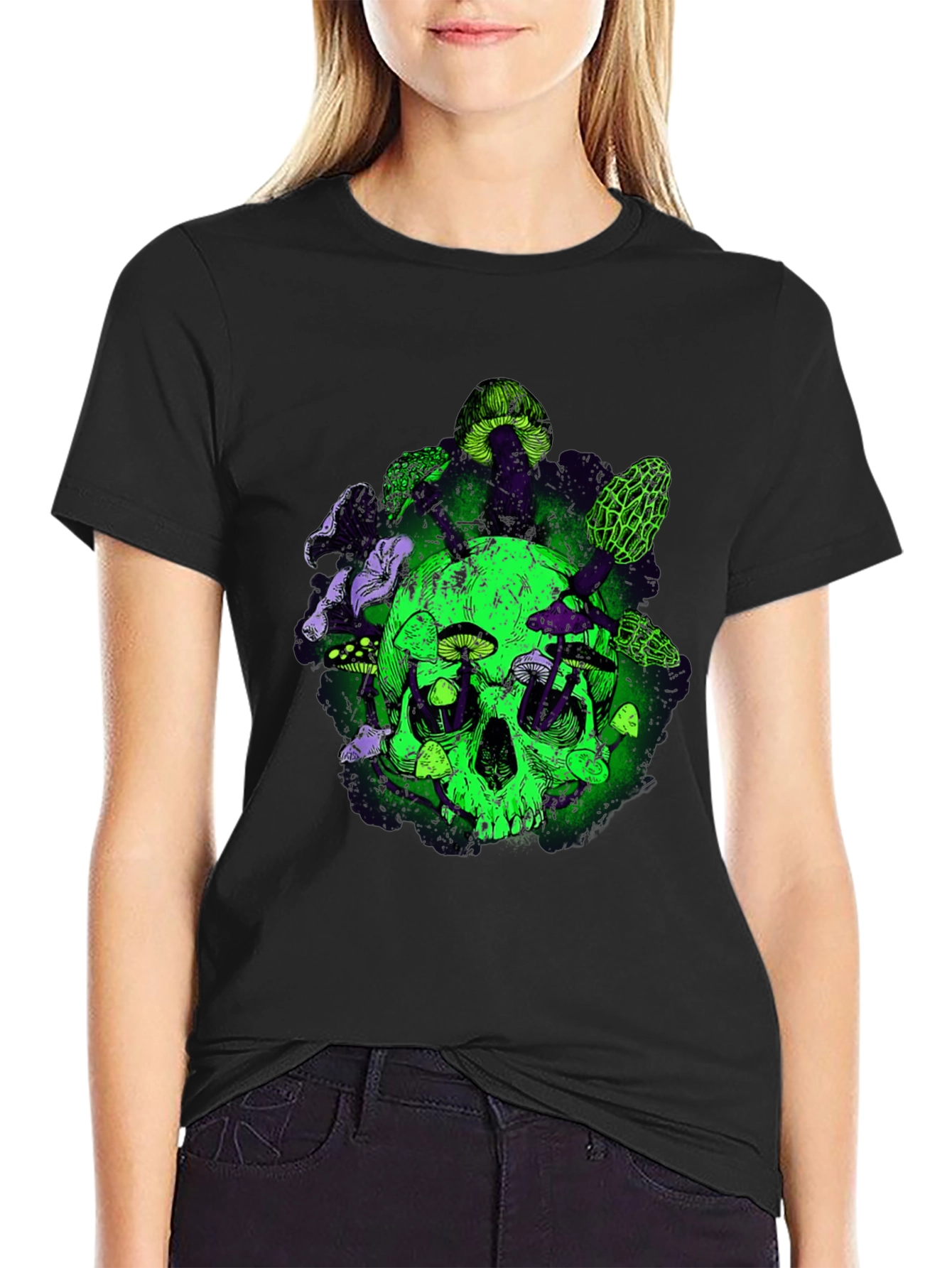 Black Skull & Mushroom Graphic Tee - Unique Design view 2