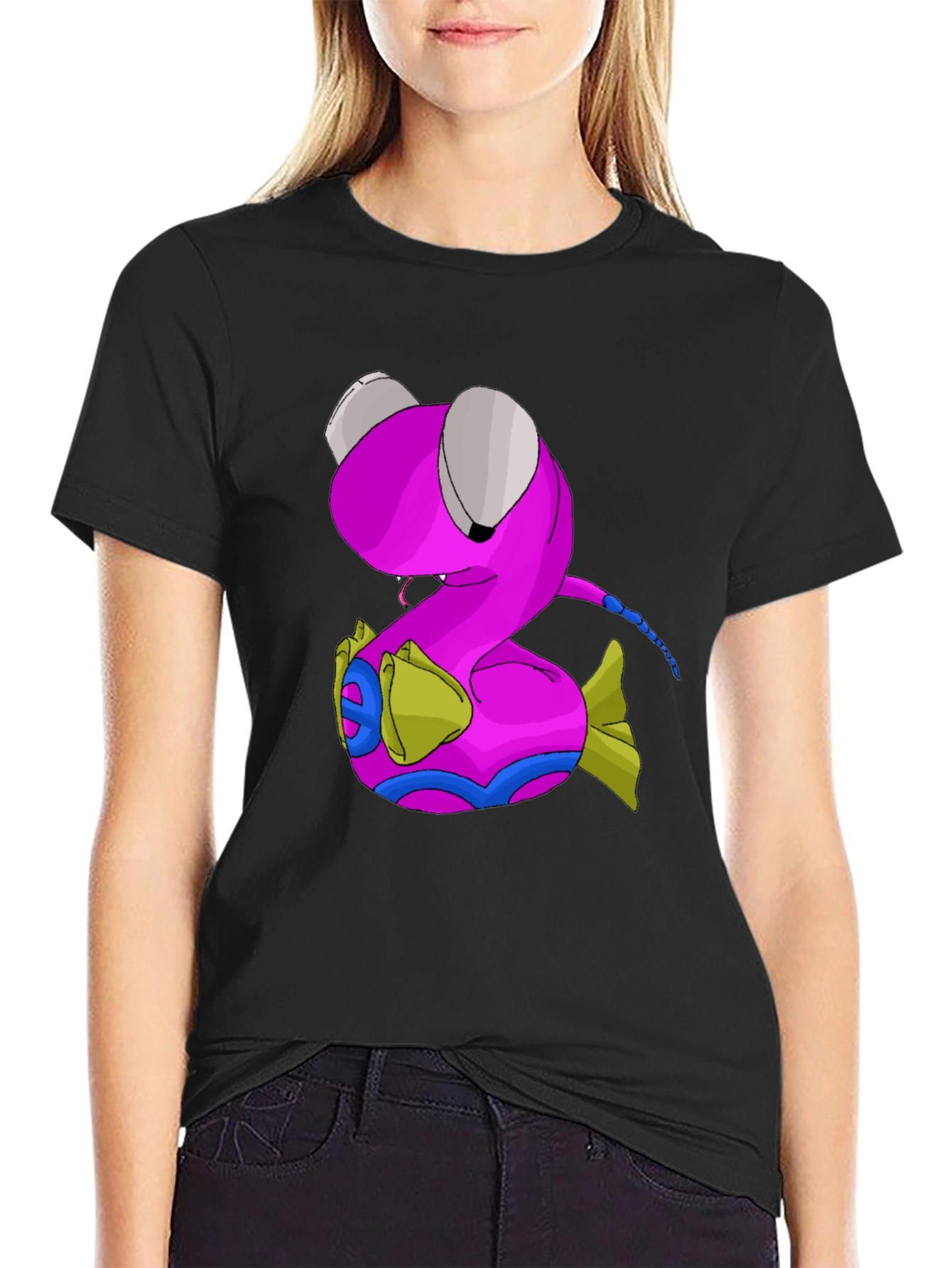Black Cartoon Pink Worm Graphic Tee - Casual Black T-Shirt view 2