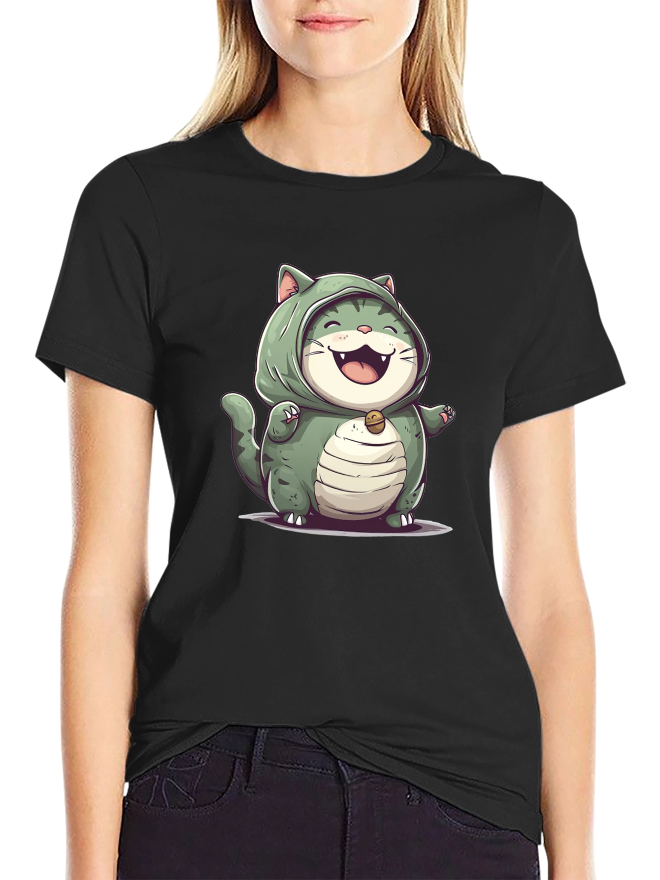 Black Cat In Bulbasaur Costume Black T-Shirt view 2