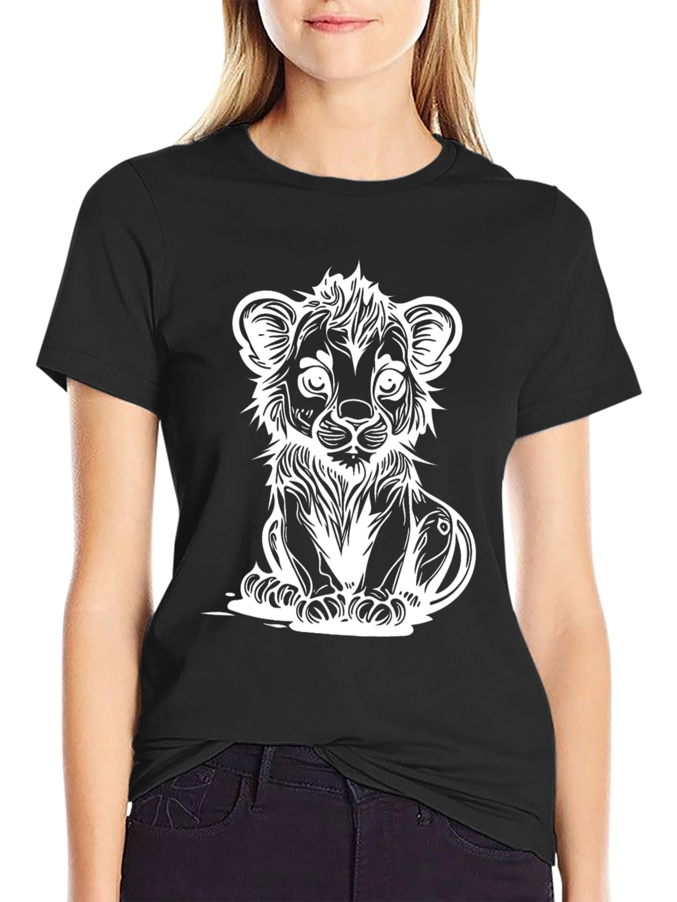 Black Lion Cub Graphic Tee - Black Cotton T-Shirt view 2