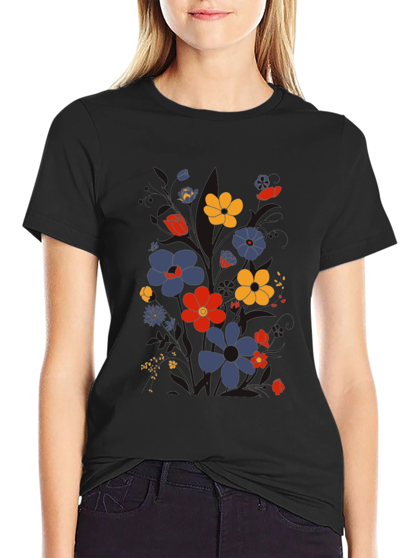 Black Floral Graphic Print T-Shirt - Retro Style view 2