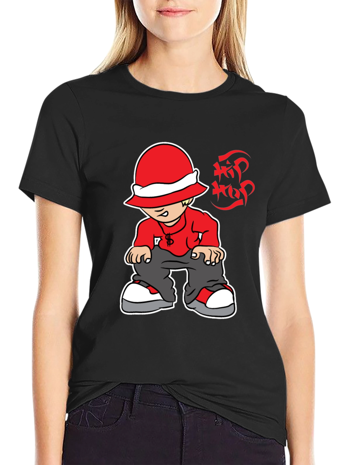 Black Hip Hop Cartoon Graphic Black T-Shirt view 2
