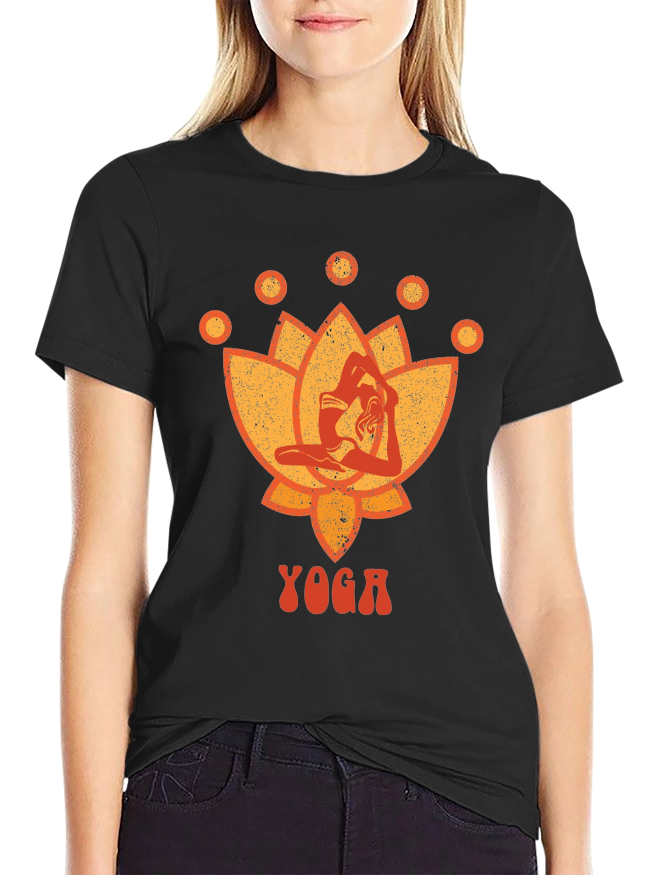 Black Yoga Lotus Graphic Tee - Black Cotton T-Shirt view 2