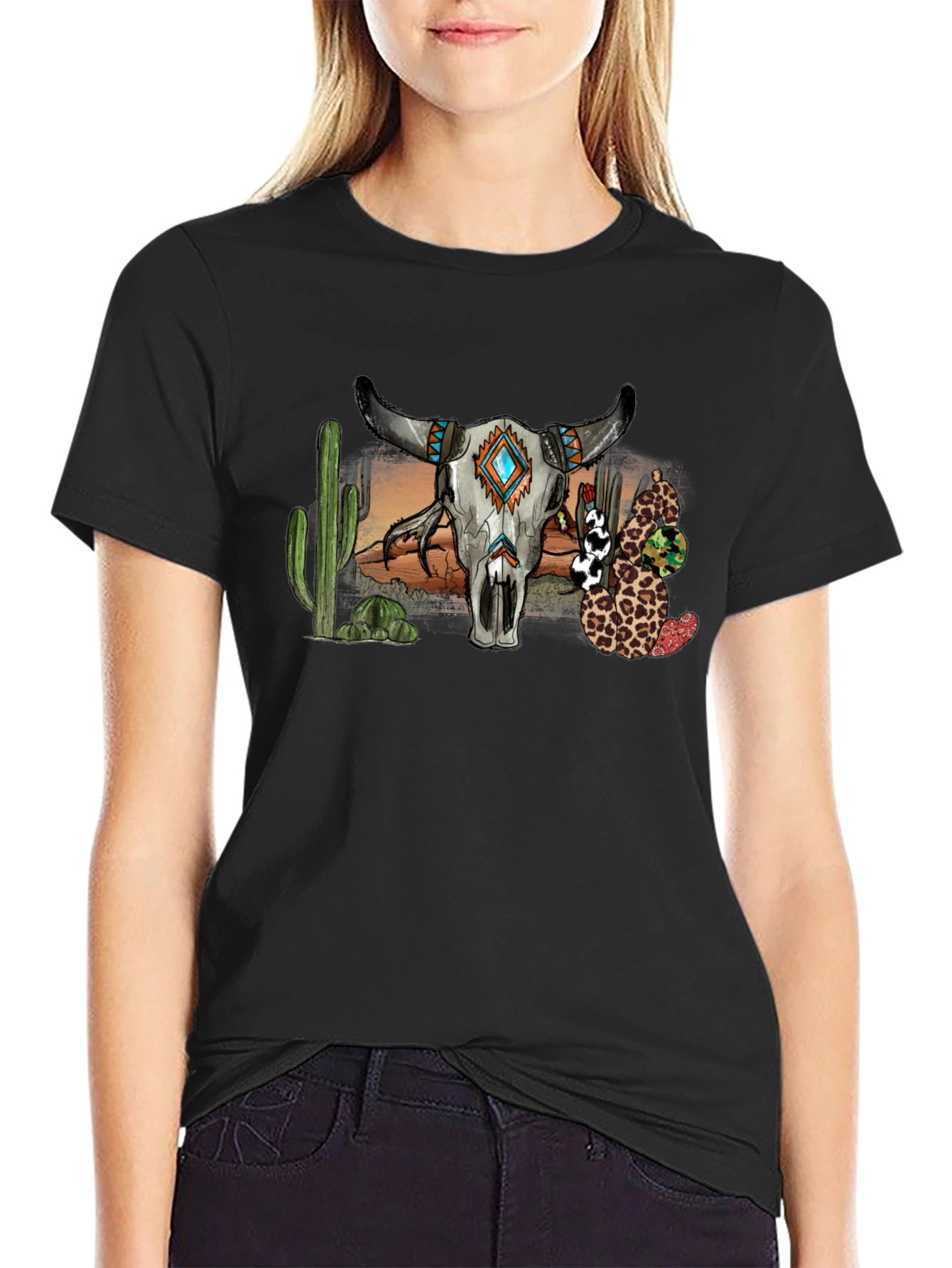 Black Western Bull Skull Graphic T-Shirt view 2