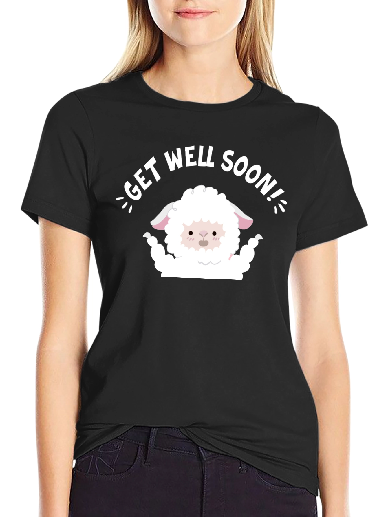 Black Get Well Soon Sheep T-Shirt - Cute Comfort view 2