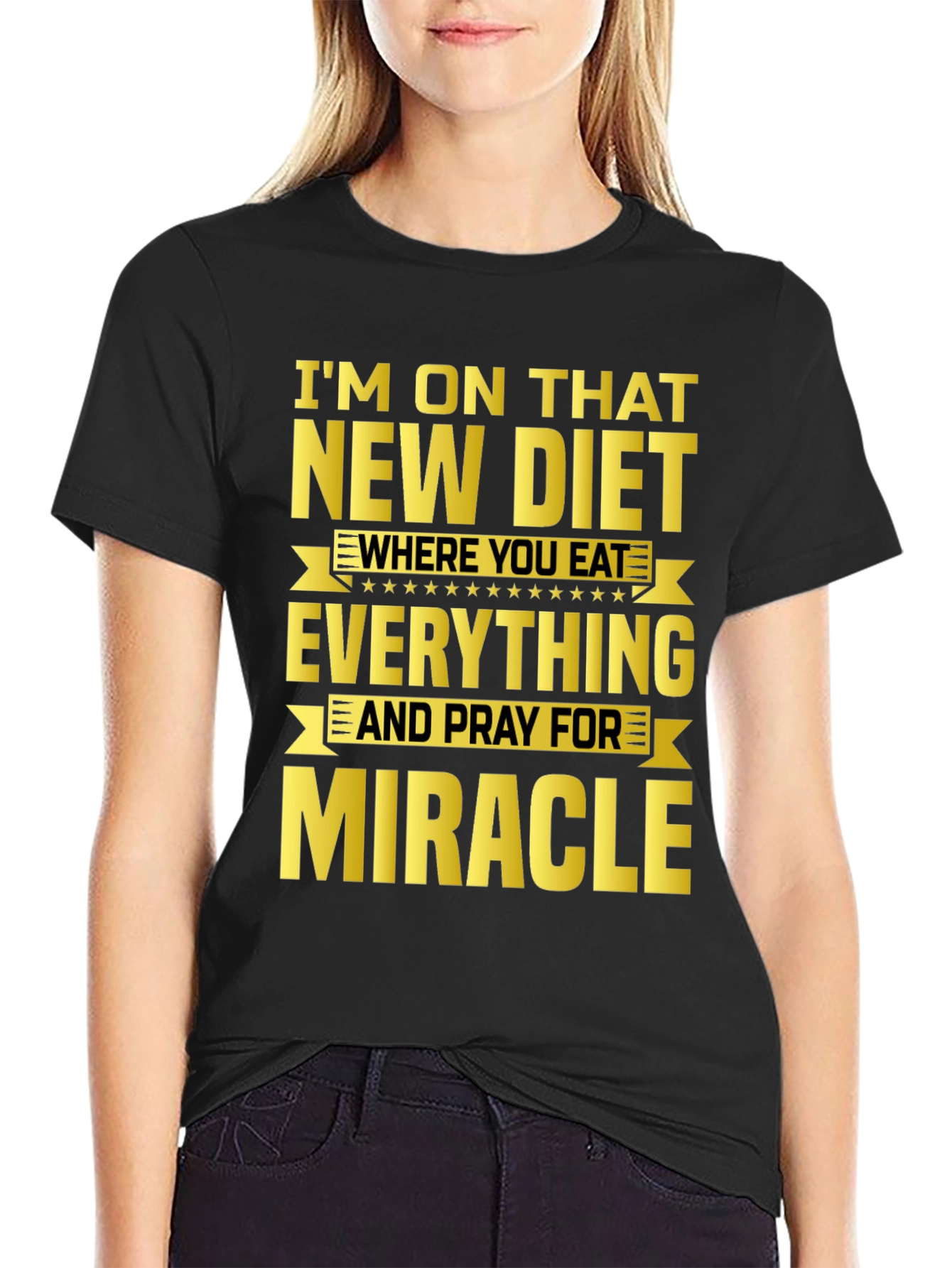 Black Funny Diet T-Shirt - Eat Everything & Pray for Miracle view 2