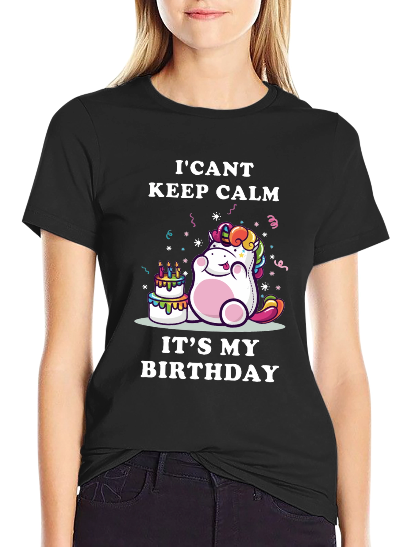 Black I Can't Keep Calm It's My Birthday Unicorn T-Shirt view 2