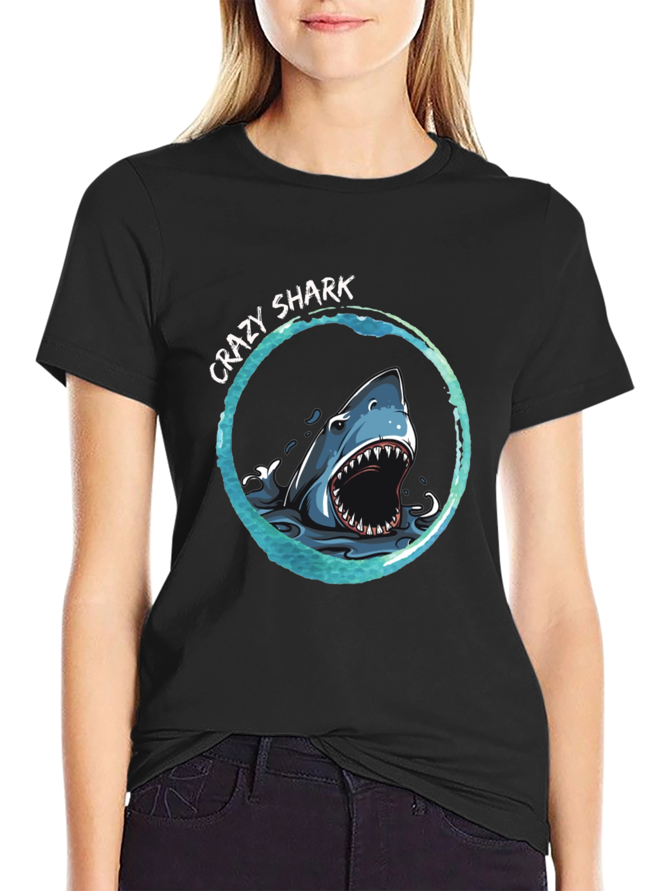 Black Crazy Shark Graphic Print T-Shirt view 2