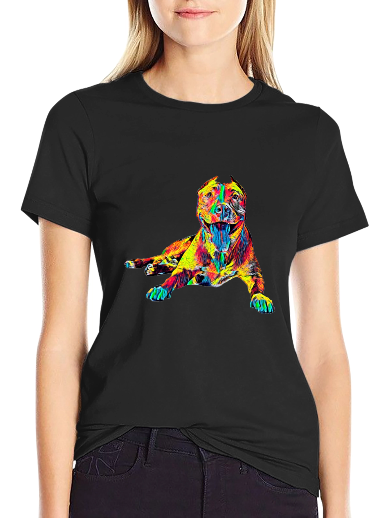 Black Vibrant Dog Graphic Tee - Stylish Crew Neck T-Shirt view 2