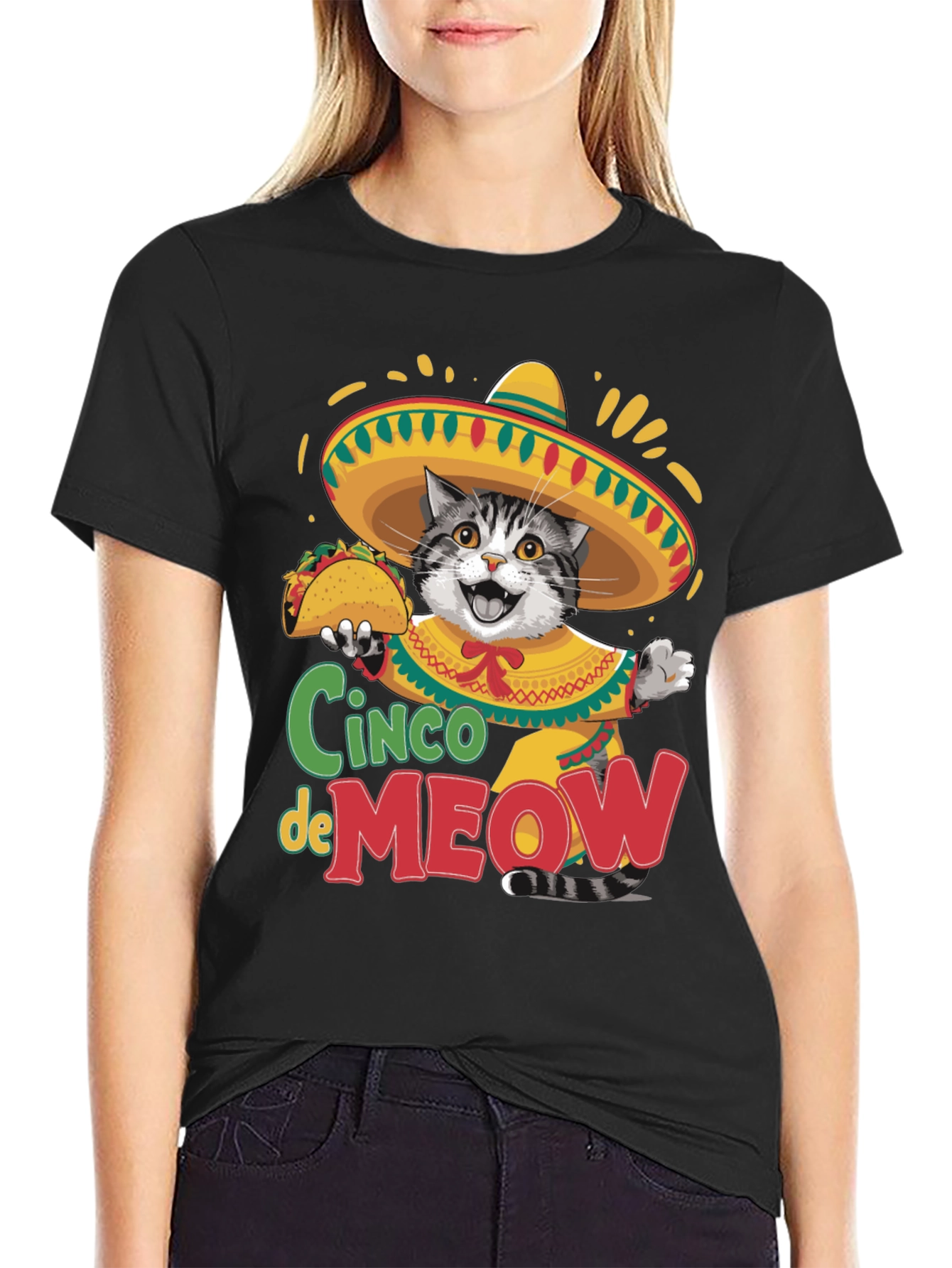 Black Cinco de Meow Cat T-Shirt - Taco Fiesta Tee view 2