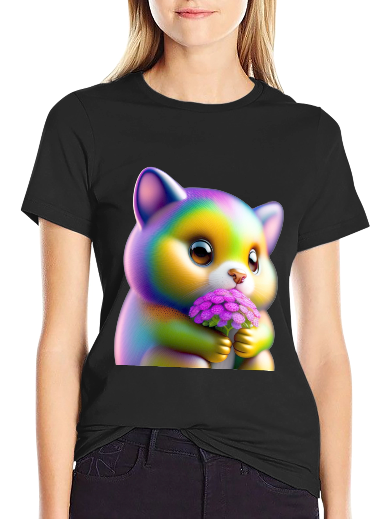 Black Cute Rainbow Kitten Holding Flowers Graphic Tee view 2