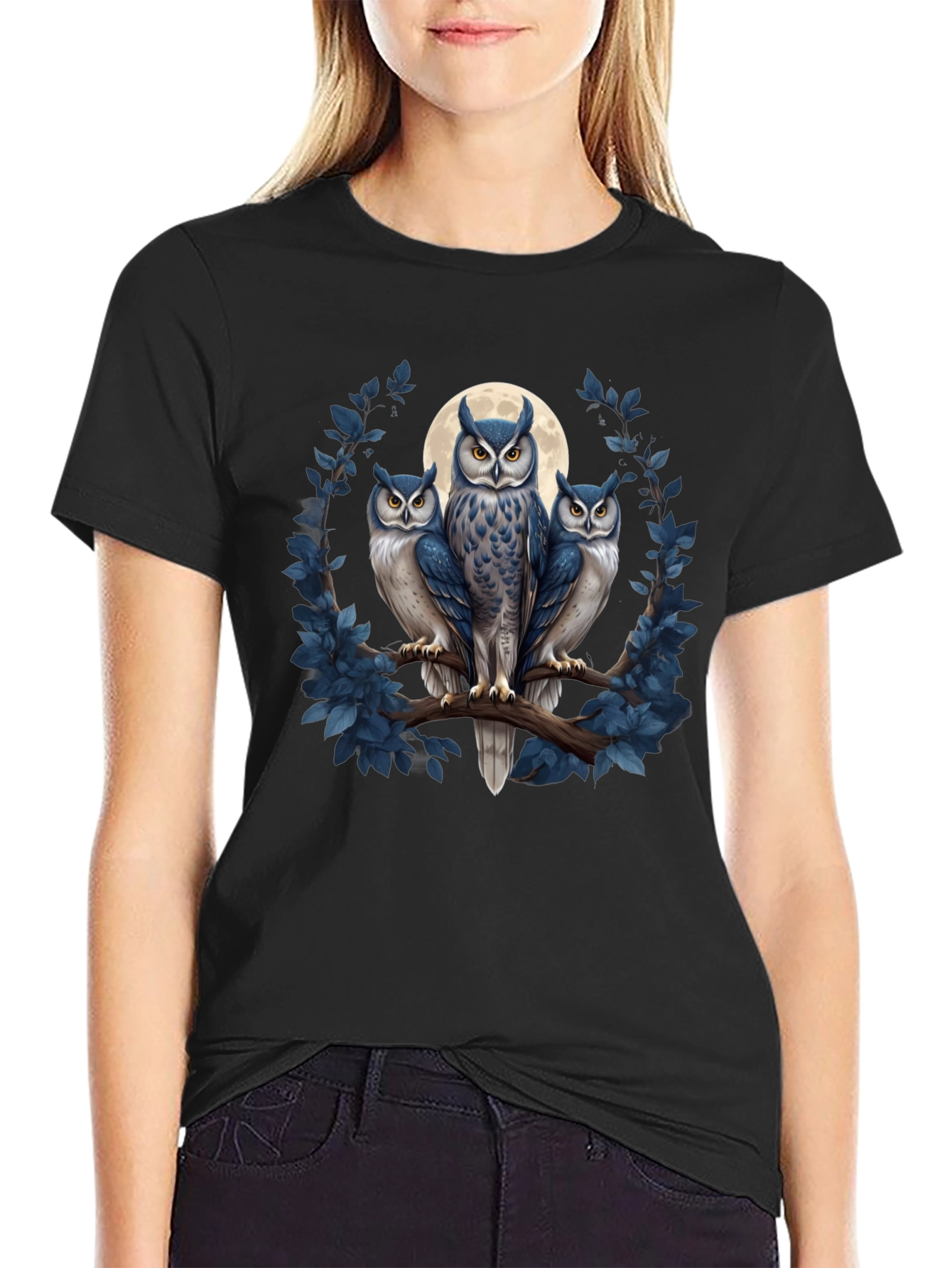 Black Owl Trio Graphic Tee - Moonlit Birds on Branch T-Shirt view 2